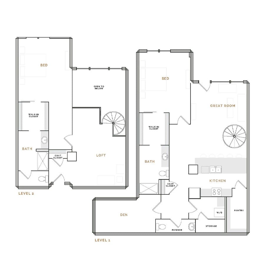 Rendering of the ET14.2 floor plan with 2 bedroom[s] and 2.5 bathroom[s] at Hardware District