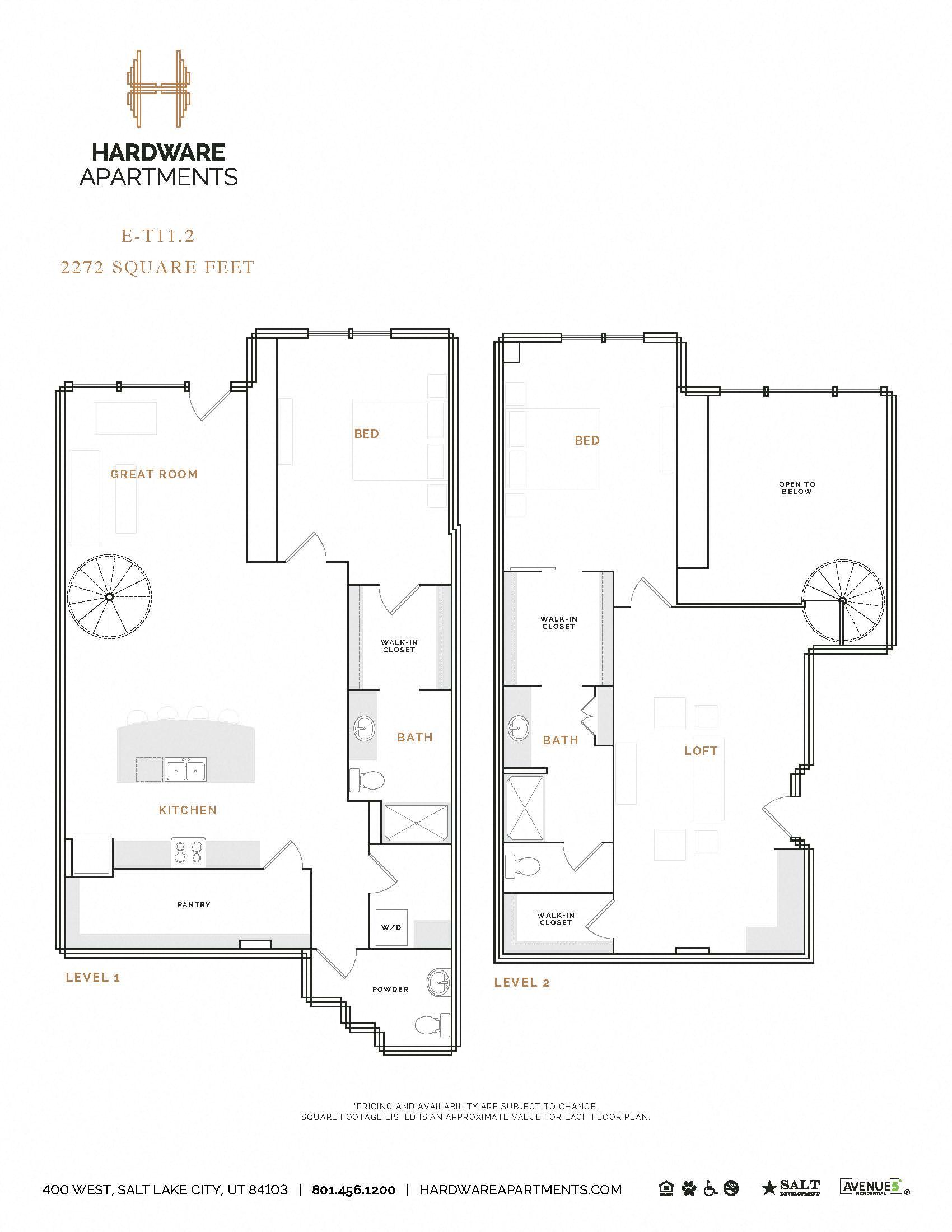 Rendering of the ET11.2 floor plan with 2 bedroom[s] and 2.5 bathroom[s] at Hardware District