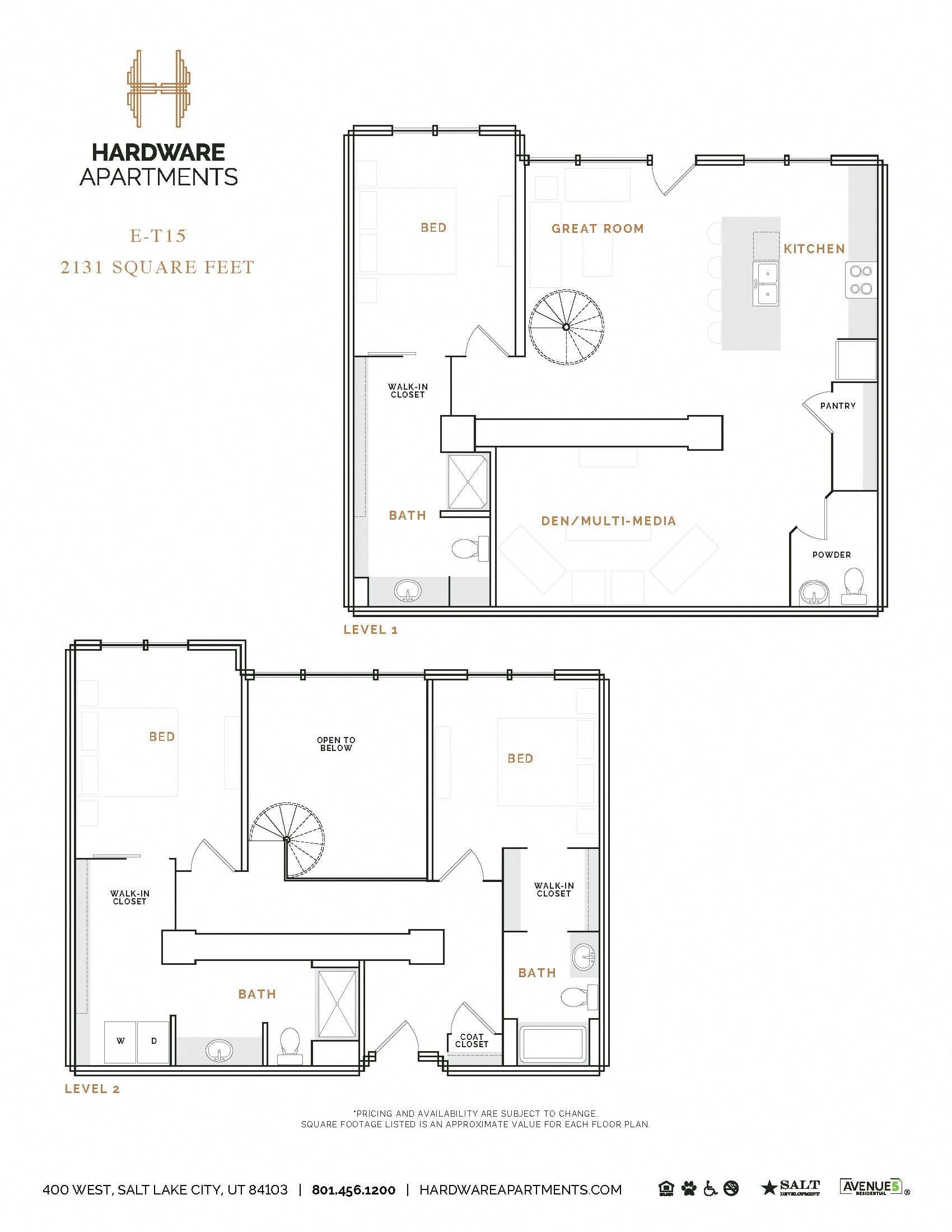 Rendering of the ET15 floor plan with 3 bedroom[s] and 3.5 bathroom[s] at Hardware District