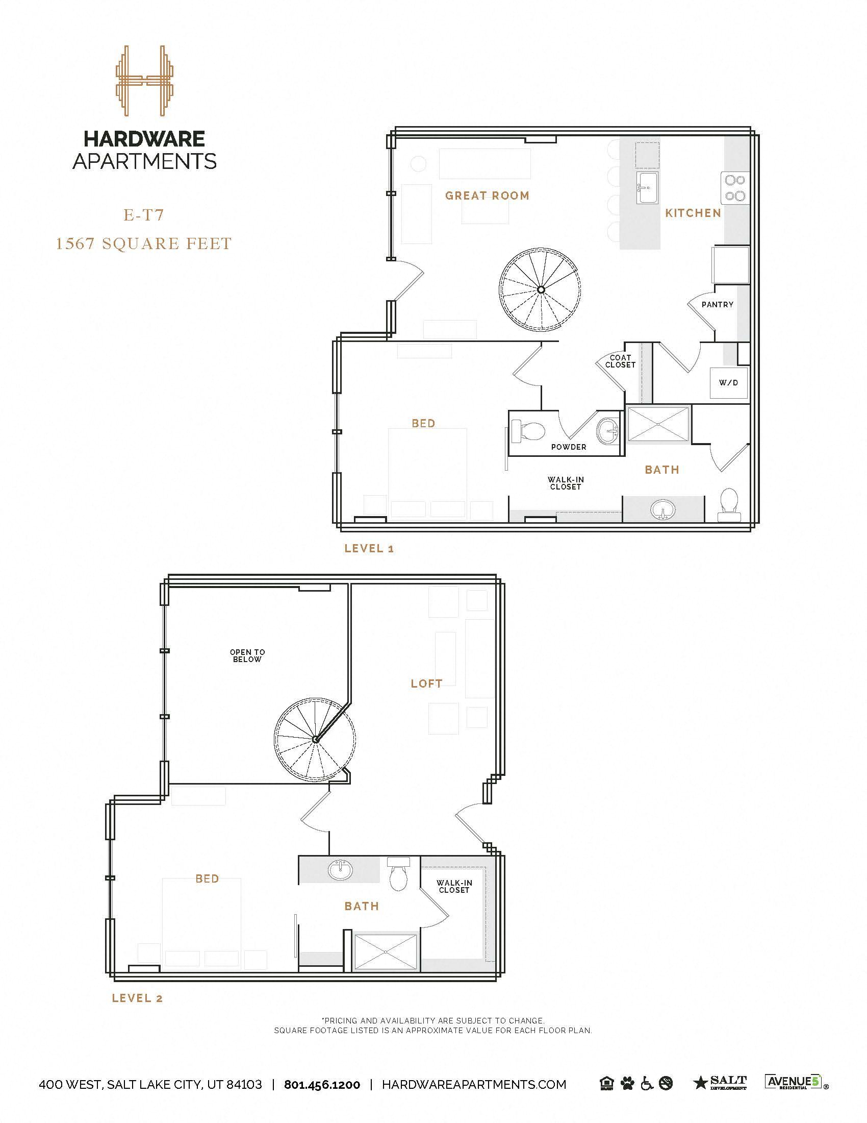 Rendering of the ET7 floor plan with 2 bedroom[s] and 2.5 bathroom[s] at Hardware District