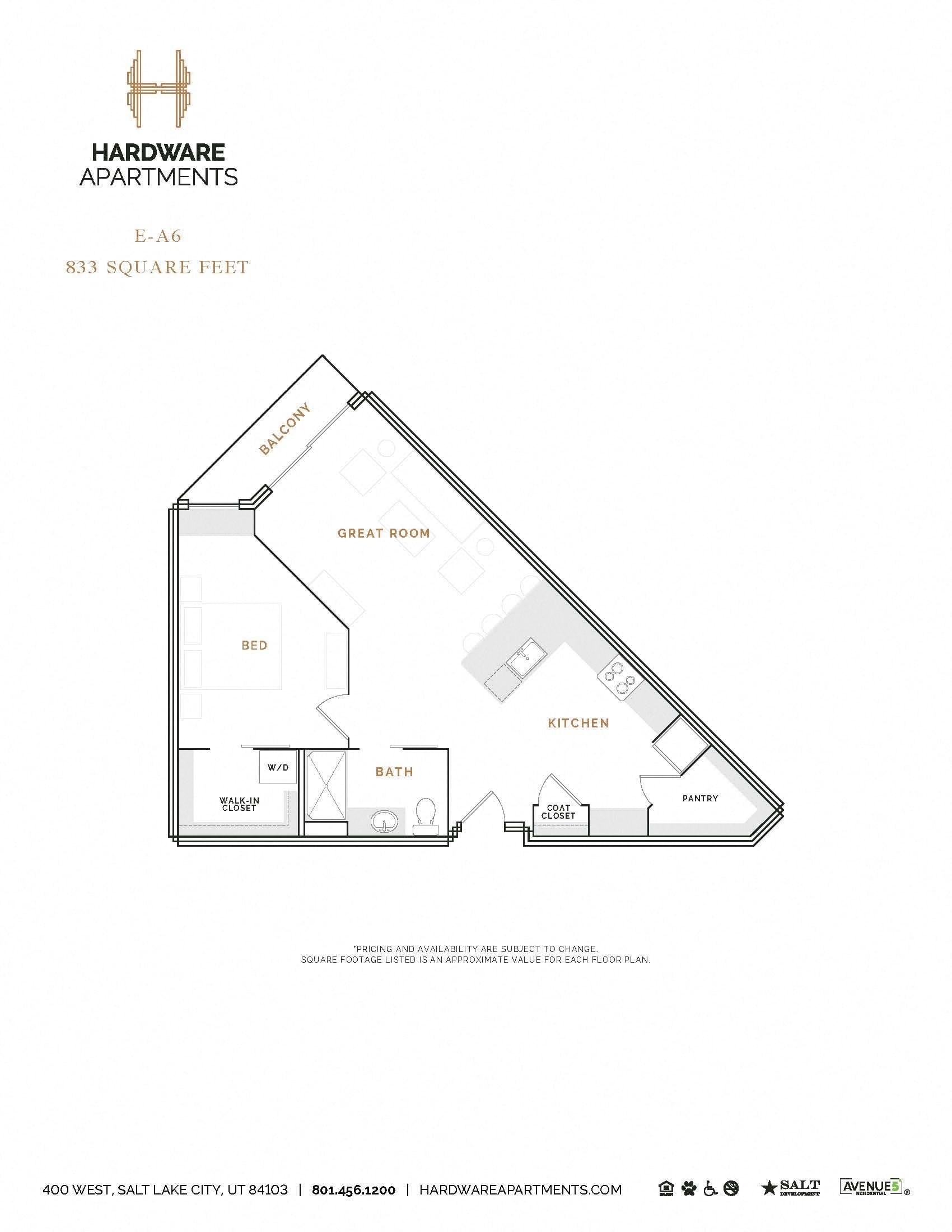 Rendering of the EA6 floor plan with 1 bedroom[s] and 1 bathroom[s] at Hardware District