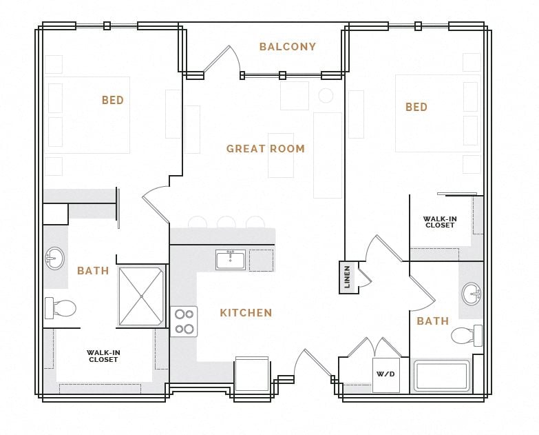 Rendering of the WB1.2P floor plan with 2 bedroom[s] and 2 bathroom[s] at Hardware District