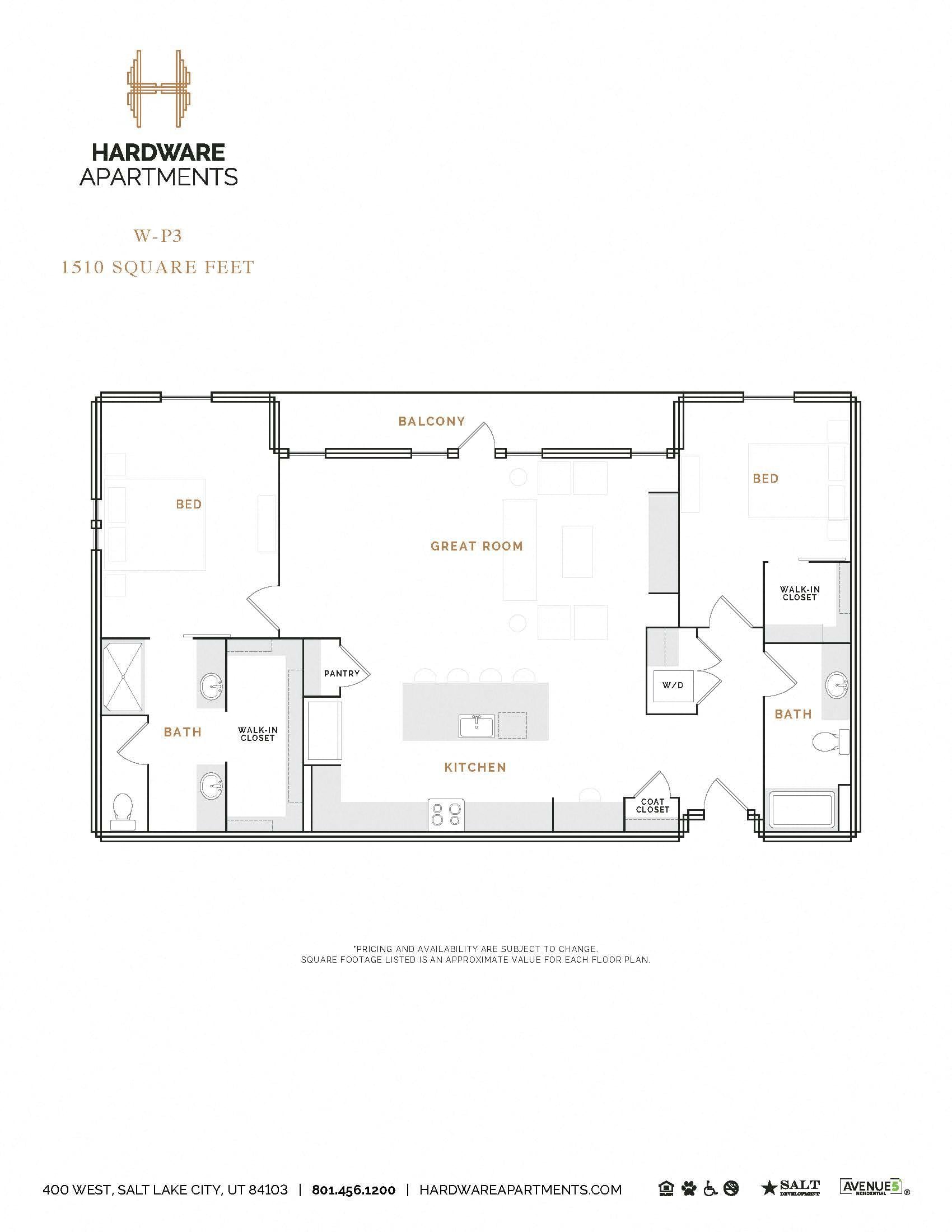 Rendering of the WP3 floor plan with 2 bedroom[s] and 2 bathroom[s] at Hardware District