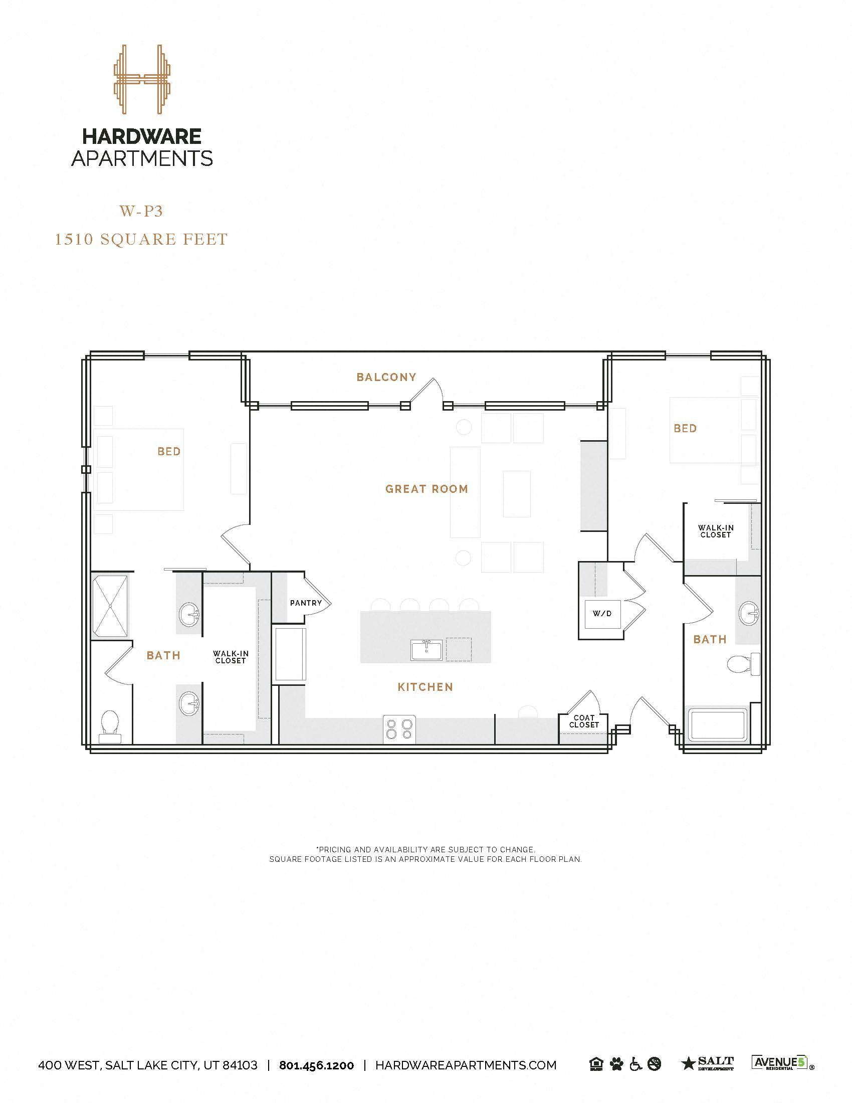 Rendering of the WP3 floor plan with 2 bedroom[s] and 2 bathroom[s] at Hardware District