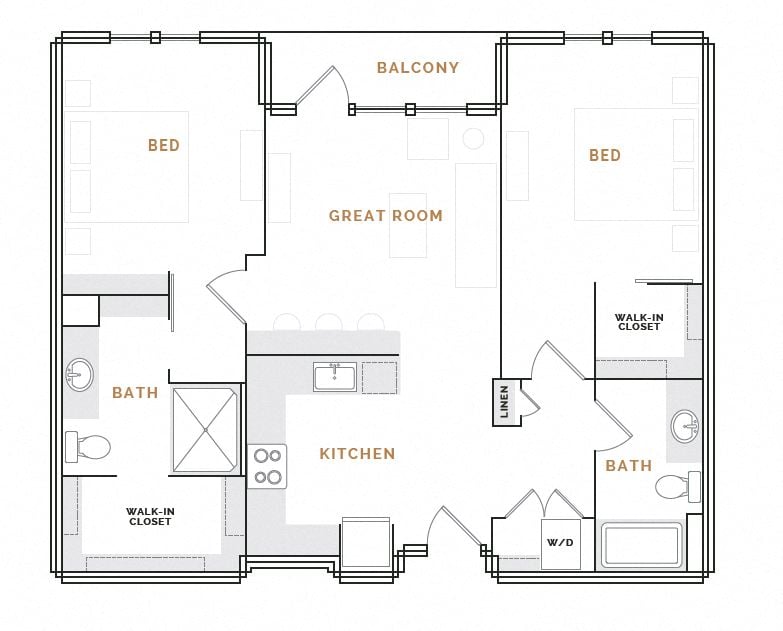Rendering of the WB1.P floor plan with 2 bedroom[s] and 2 bathroom[s] at Hardware District