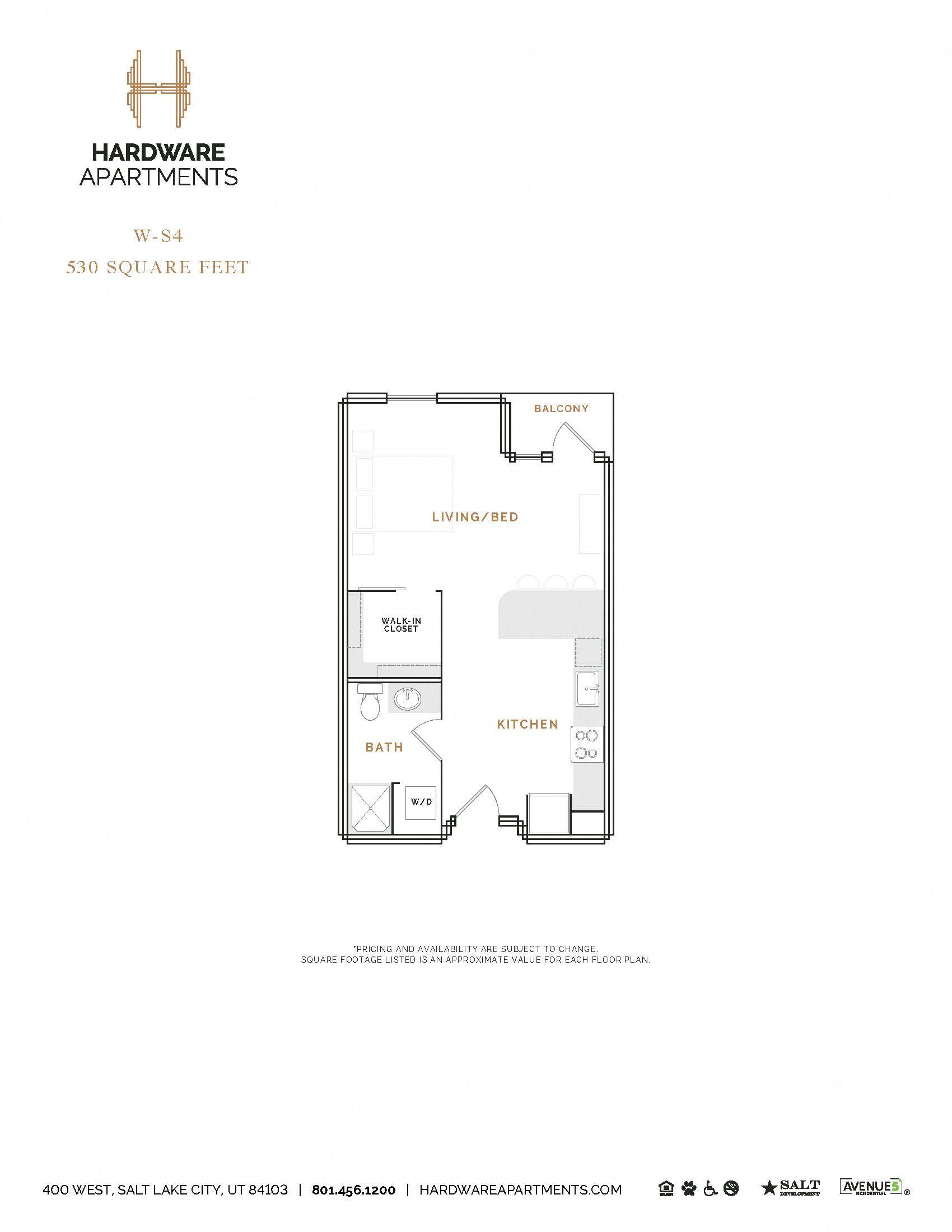 Rendering of the WS4 floor plan with a Studio bedroom and 1 bathroom[s] at Hardware District