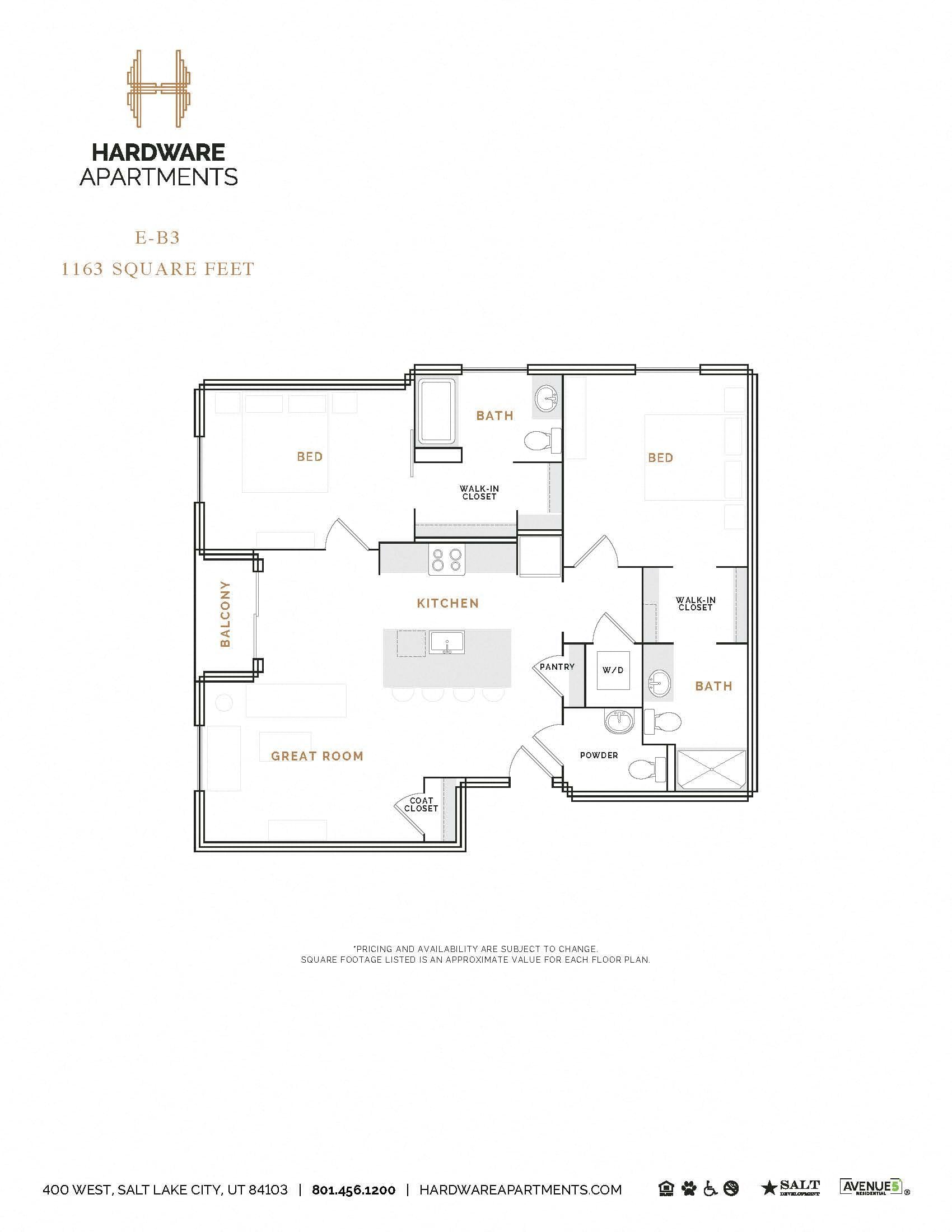 Rendering of the EB3 floor plan with 2 bedroom[s] and 2.5 bathroom[s] at Hardware District