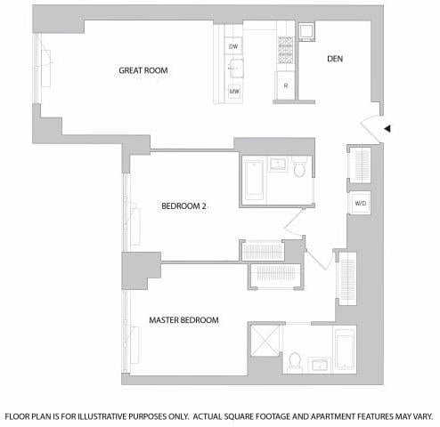 Rendering of the 2Br Den 2Bth 1 floor plan with 2 bedroom[s] and 2.5 bathroom[s] at The Aldyn