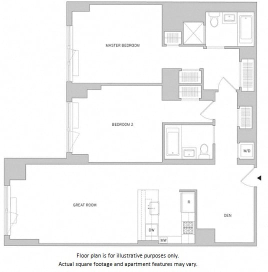 Rendering of the 2Br Den 2Bth floor plan with 2 bedroom[s] and 2 bathroom[s] at The Aldyn