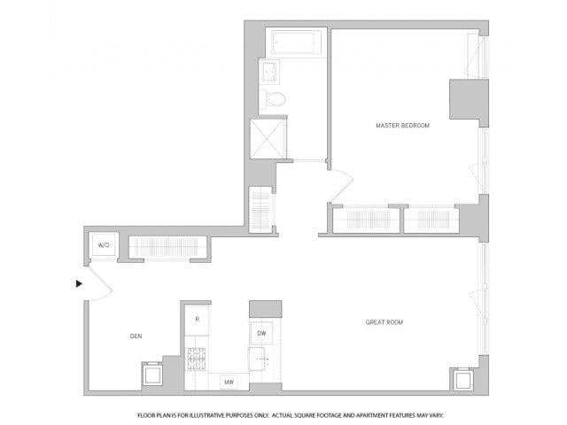 Rendering of the 1Br Den 1Bth 1 floor plan with 1 bedroom[s] and 1 bathroom[s] at The Aldyn