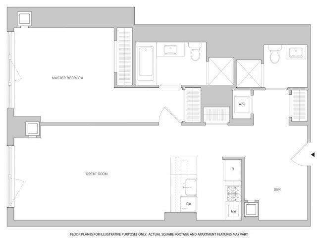 Rendering of the 1Br Den 1Bth 2 floor plan with 1 bedroom[s] and 1 bathroom[s] at The Aldyn