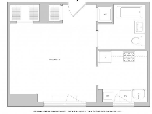 Rendering of the Studio 1 floor plan with a Studio bedroom and 1 bathroom[s] at The Aldyn