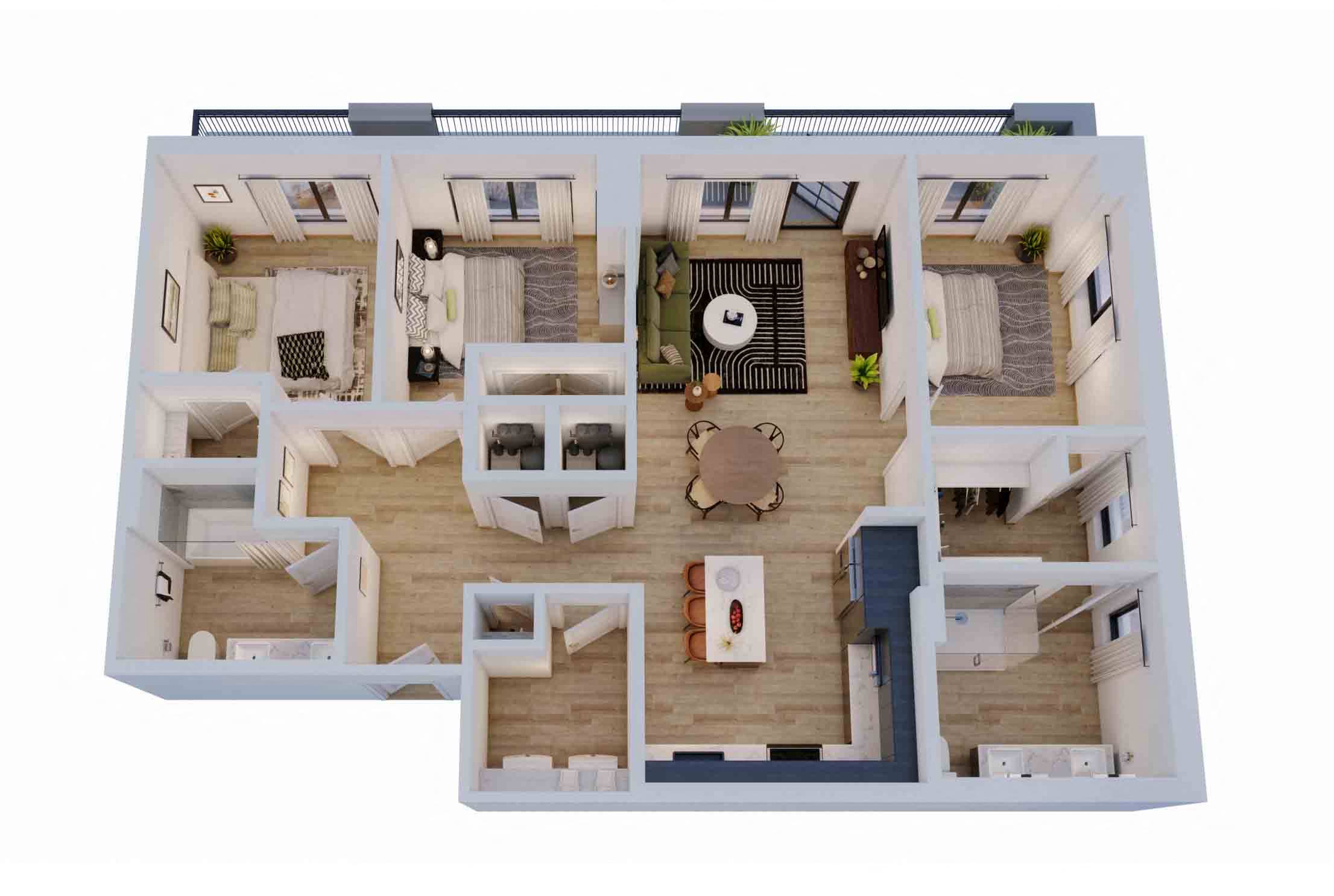 Rendering of the 3 Bed/2 Bath-C2 floor plan with 3 bedroom[s] and 2 bathroom[s] at Momentum Midtown
