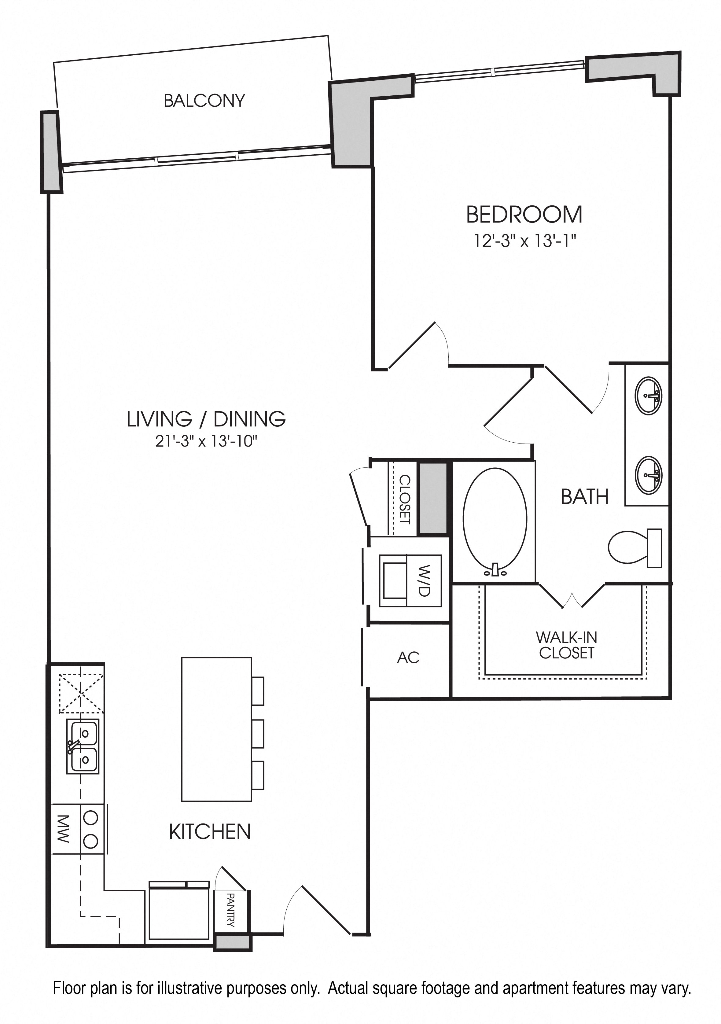 Rendering of the A7 floor plan with 1 bedroom[s] and 1 bathroom[s] at The Sovereign at Regent Square