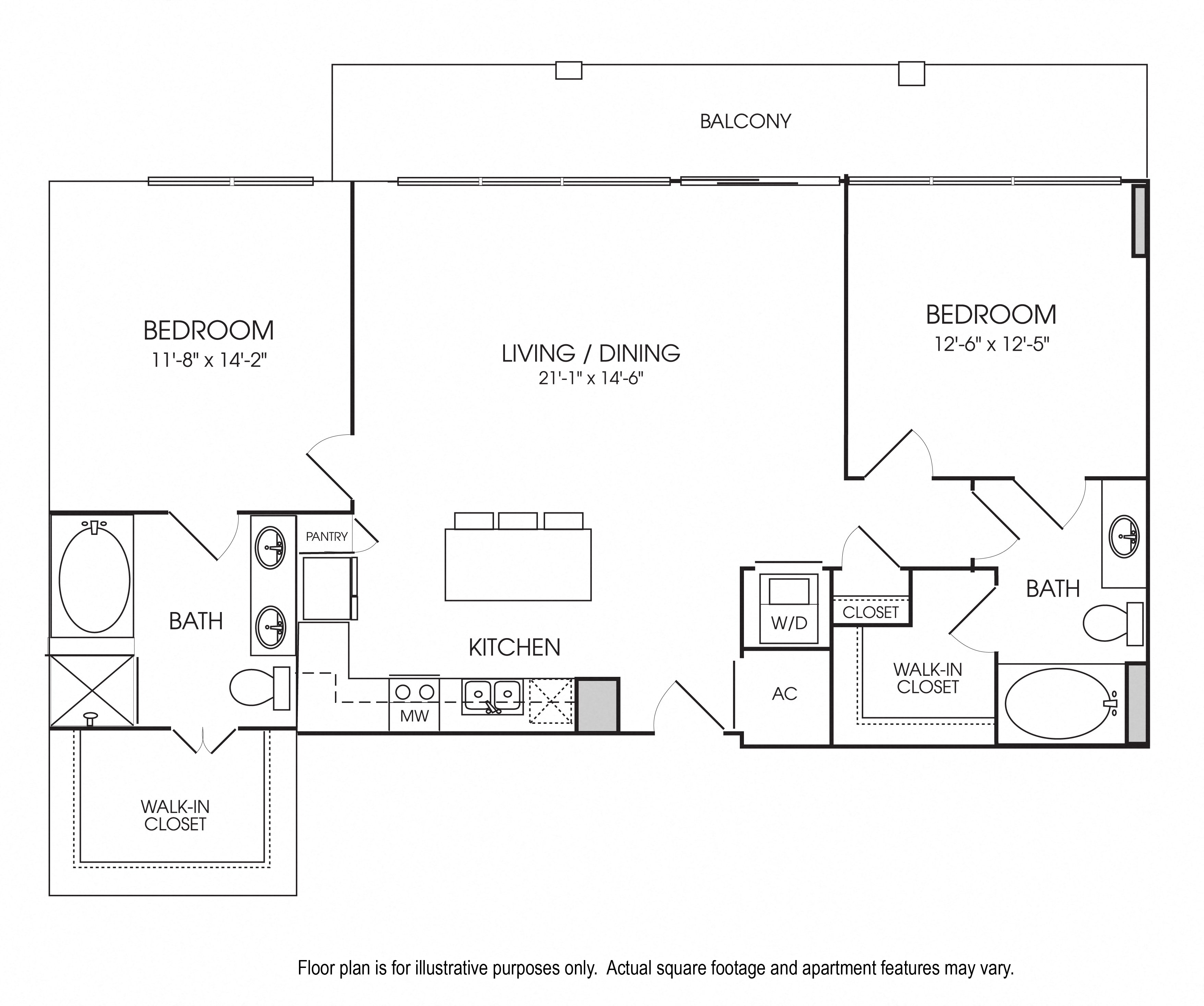 Rendering of the B8 floor plan with 2 bedroom[s] and 2 bathroom[s] at The Sovereign at Regent Square