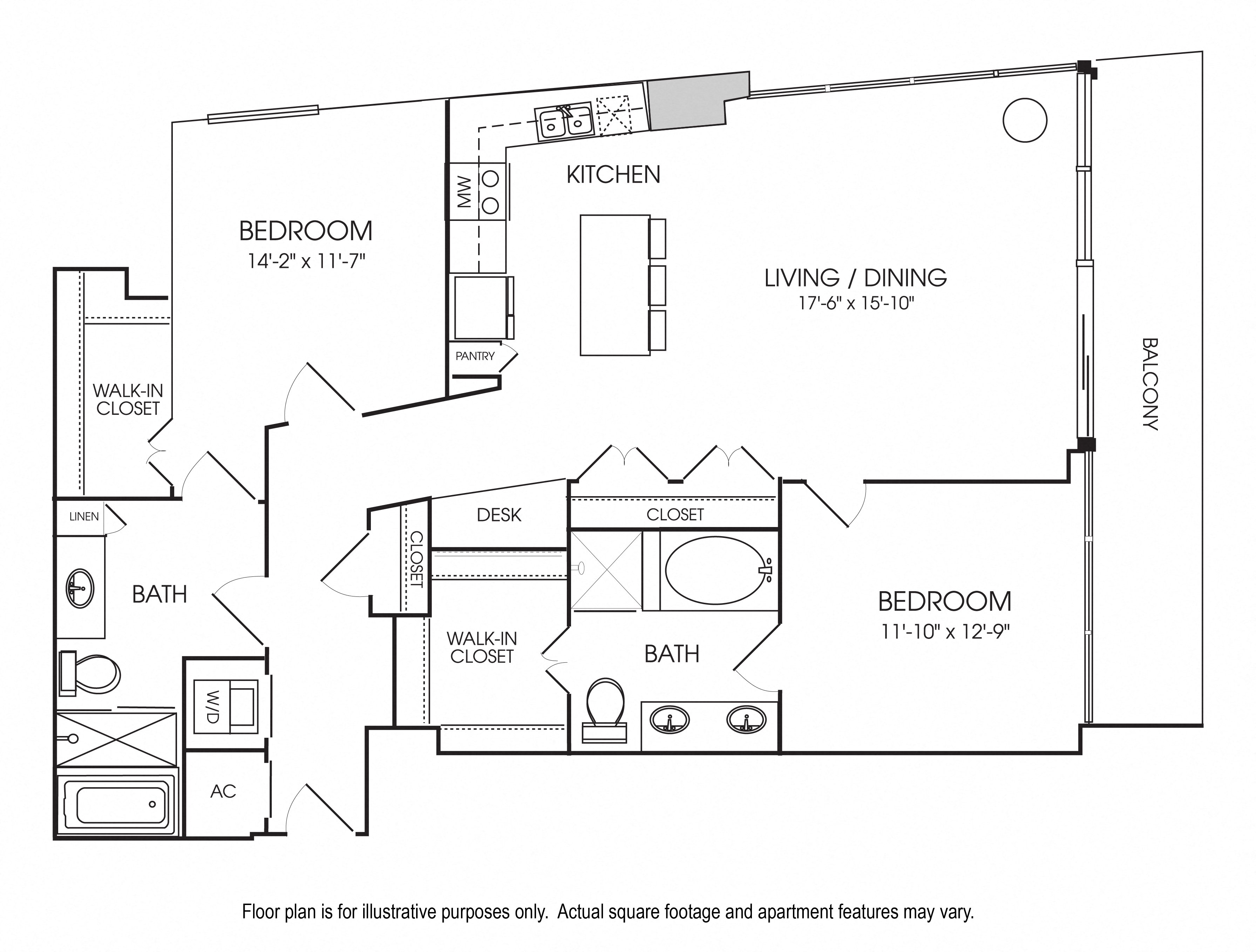Rendering of the B13 floor plan with 2 bedroom[s] and 2 bathroom[s] at The Sovereign at Regent Square
