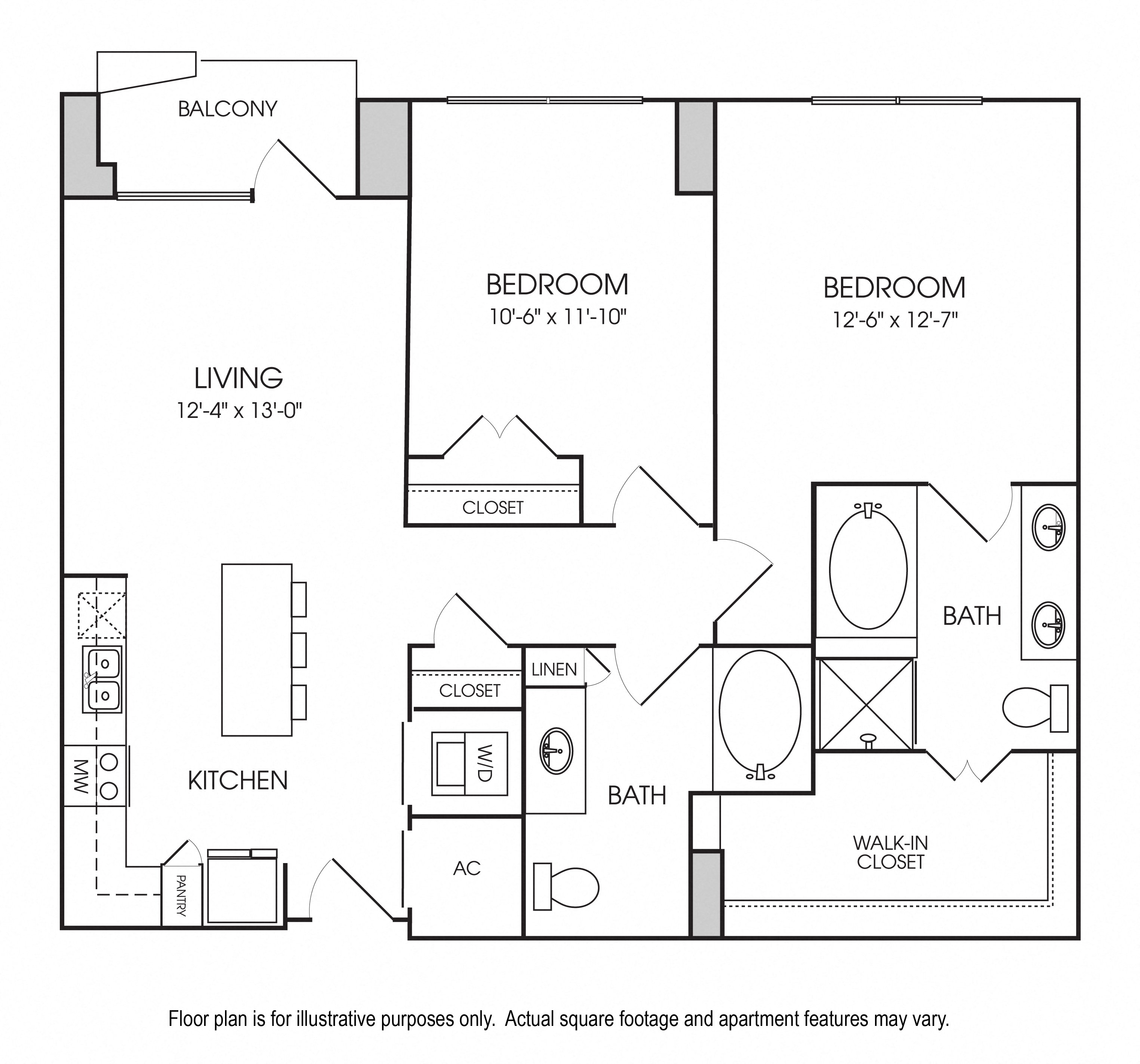 Rendering of the B2 floor plan with 2 bedroom[s] and 2 bathroom[s] at The Sovereign at Regent Square