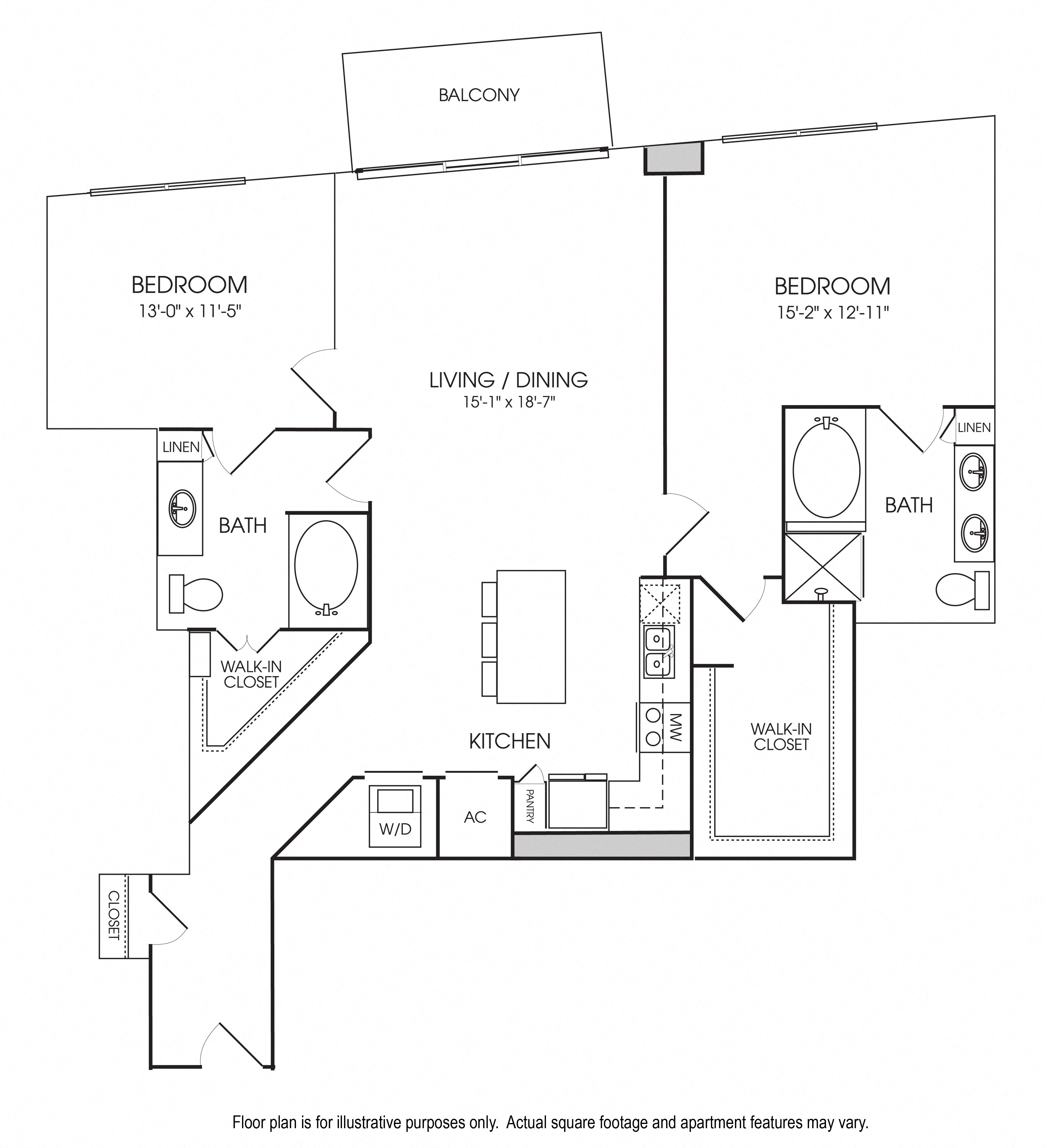 Rendering of the B12 floor plan with 2 bedroom[s] and 2 bathroom[s] at The Sovereign at Regent Square