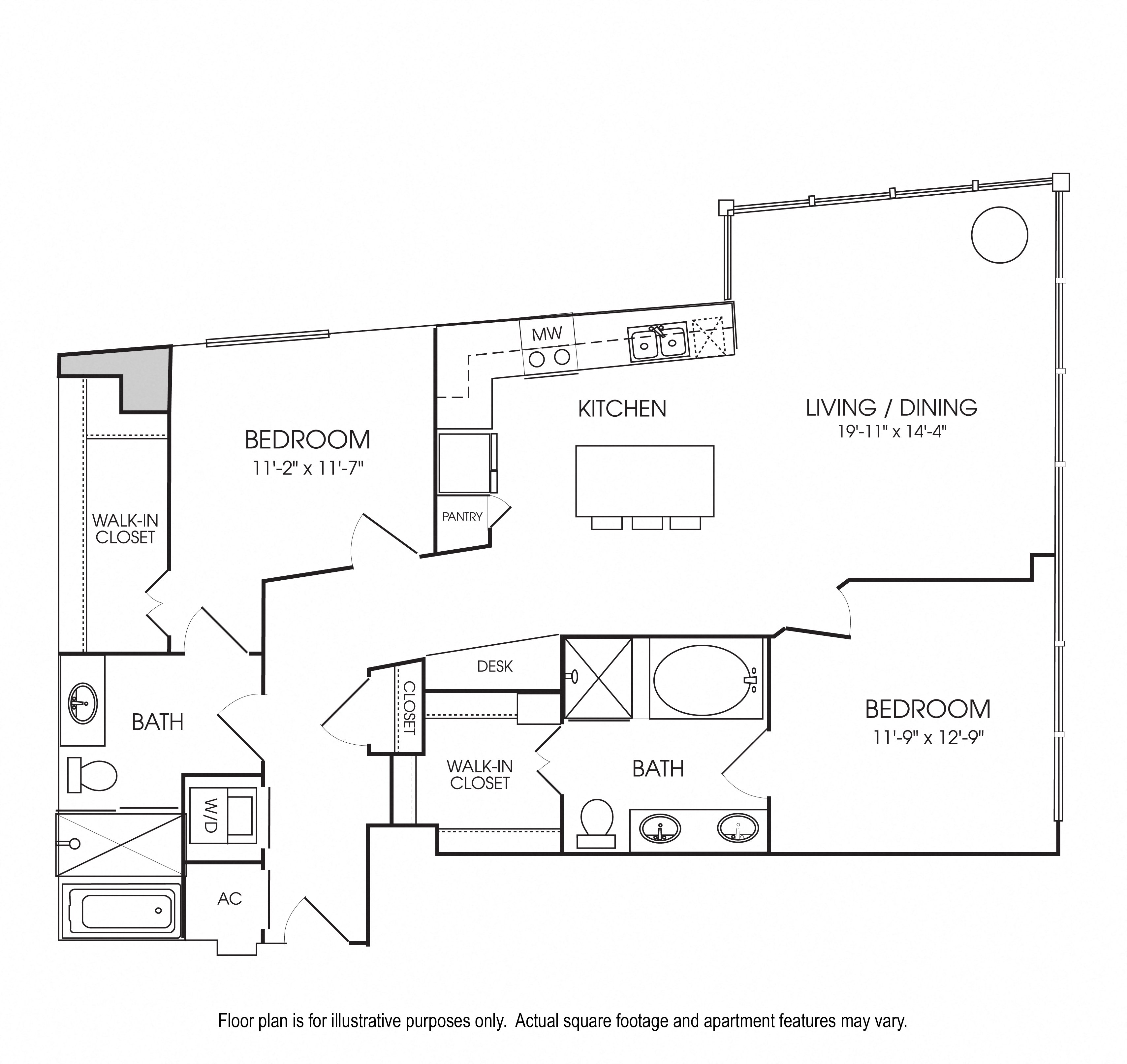 Rendering of the B6 floor plan with 2 bedroom[s] and 2 bathroom[s] at The Sovereign at Regent Square