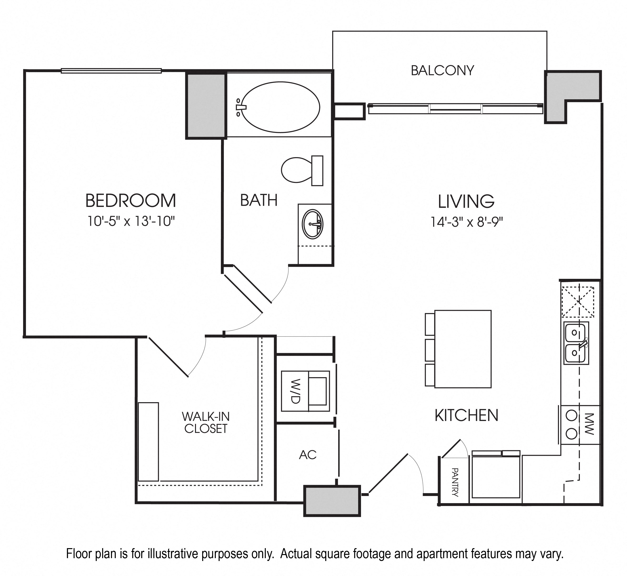 Rendering of the A2 floor plan with 1 bedroom[s] and 1 bathroom[s] at The Sovereign at Regent Square