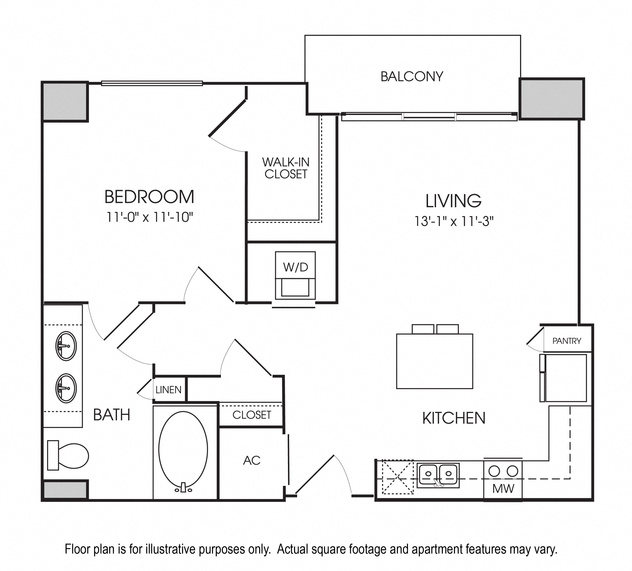 Rendering of the A3 floor plan with 1 bedroom[s] and 1 bathroom[s] at The Sovereign at Regent Square