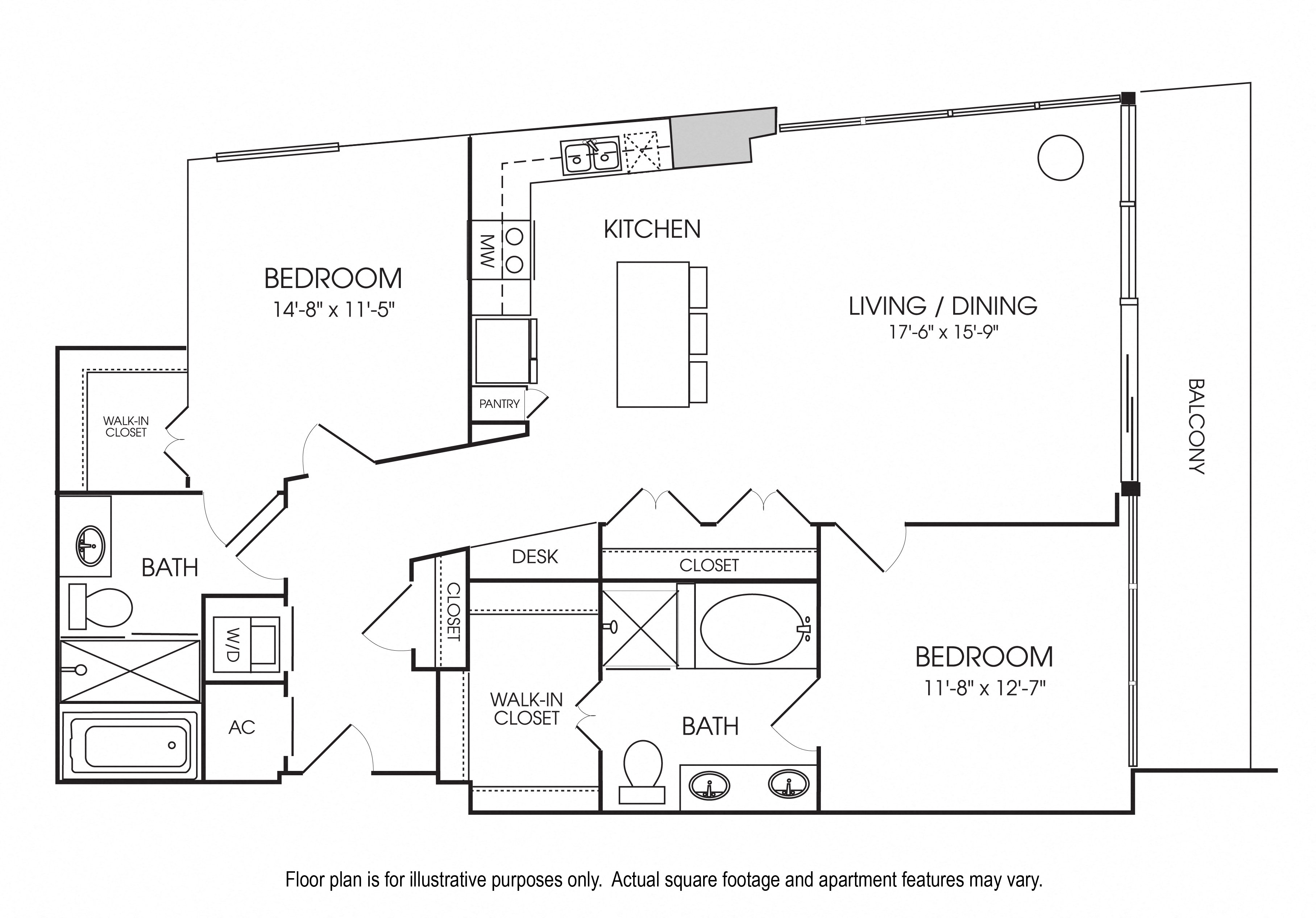 Rendering of the B9 floor plan with 2 bedroom[s] and 2 bathroom[s] at The Sovereign at Regent Square