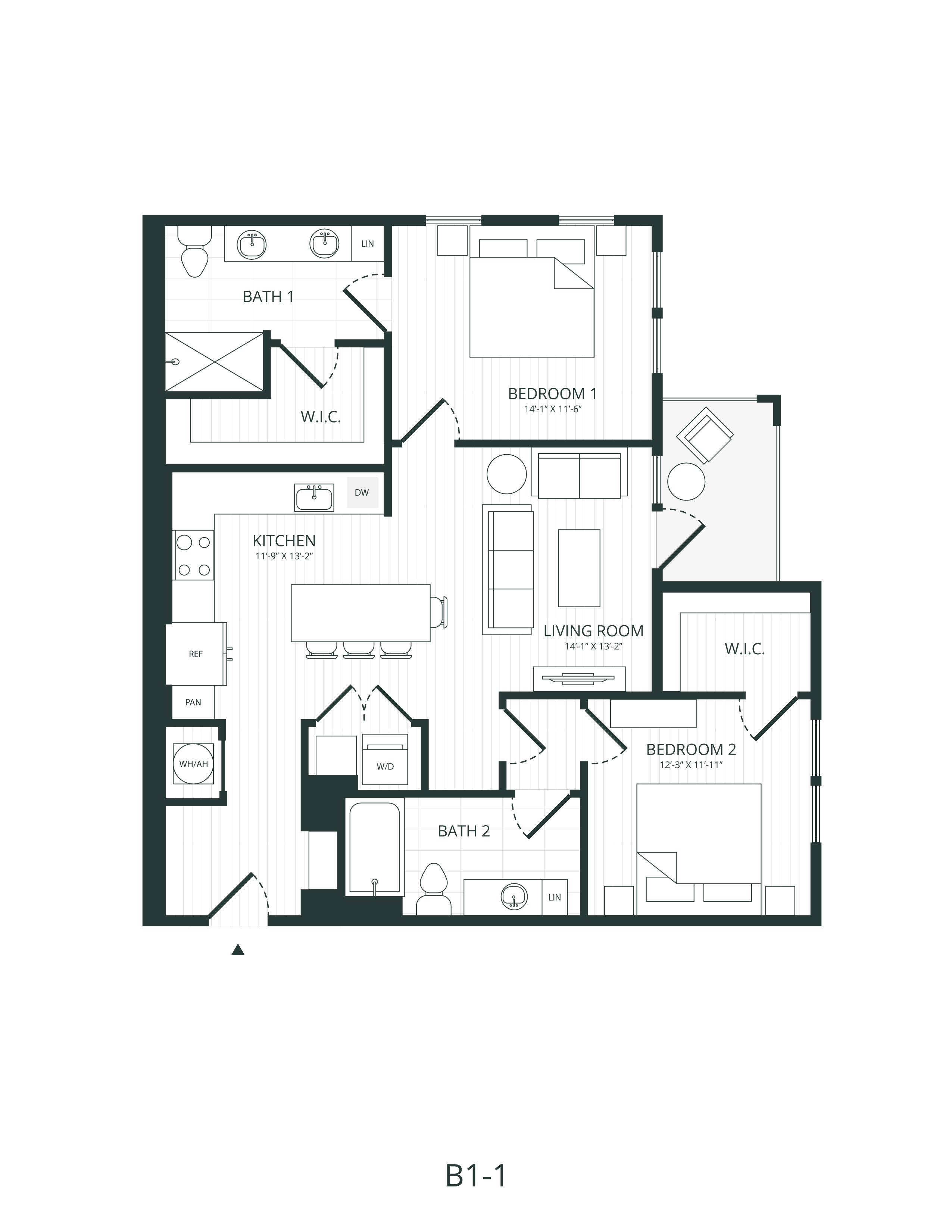 Rendering of the B1.1 floor plan with 2 bedroom[s] and 2 bathroom[s] at Embark