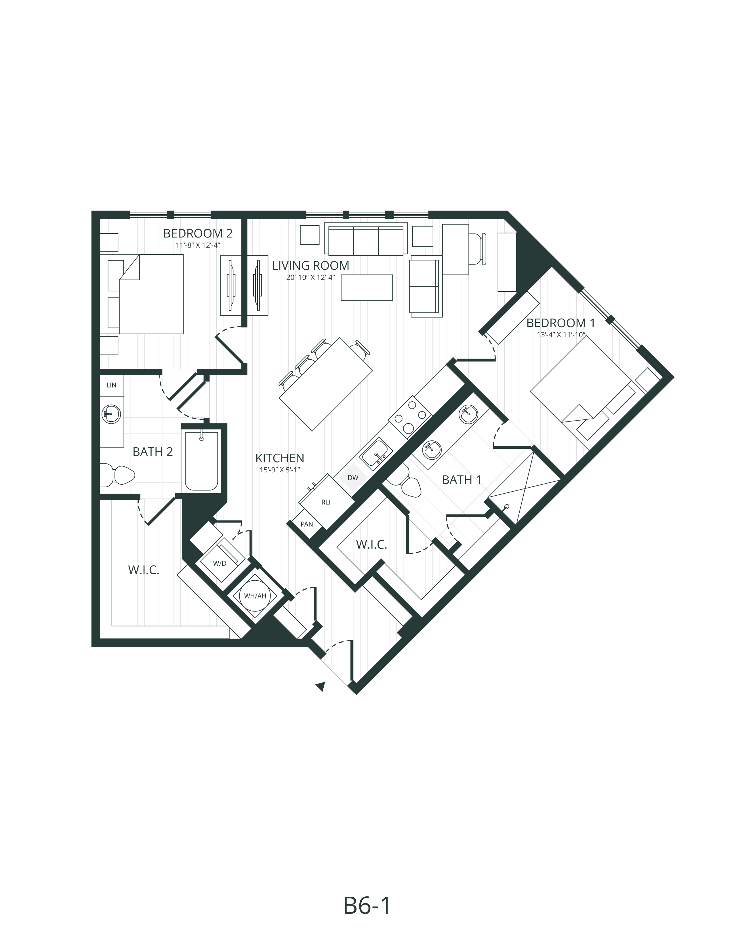 Rendering of the B6.1 floor plan with 2 bedroom[s] and 2 bathroom[s] at Embark