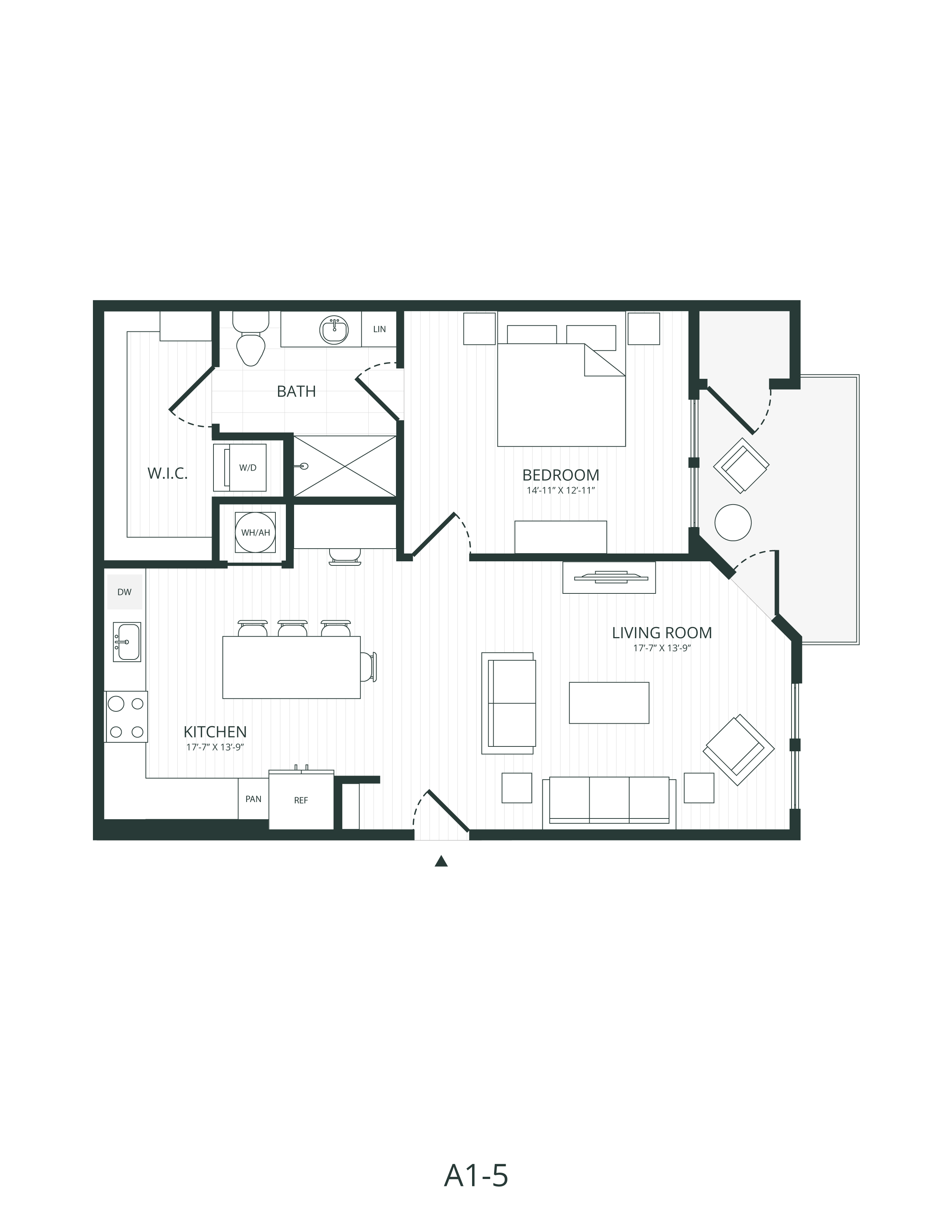 Rendering of the A1.5 floor plan with 1 bedroom[s] and 1 bathroom[s] at Embark