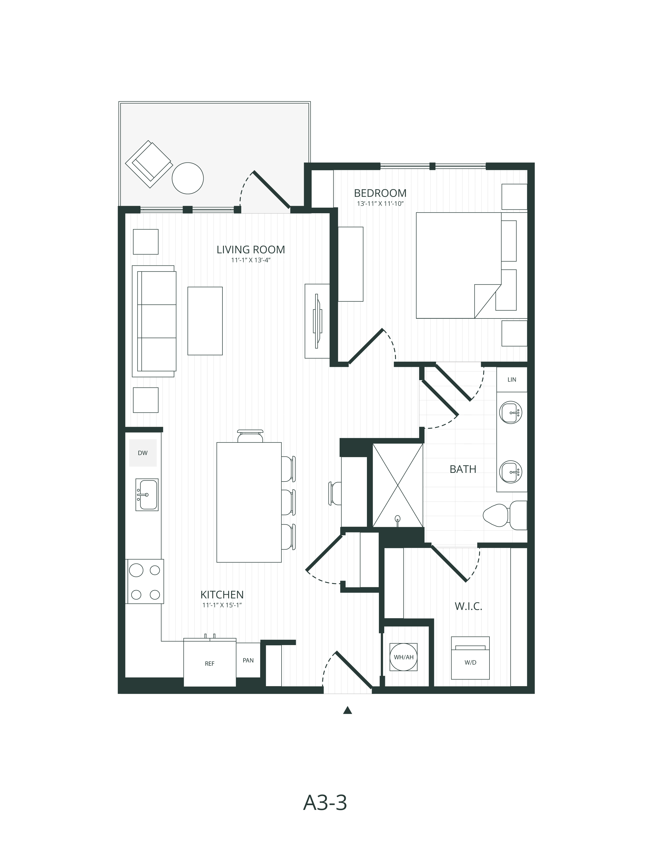 Rendering of the A3.3 floor plan with 1 bedroom[s] and 1 bathroom[s] at Embark