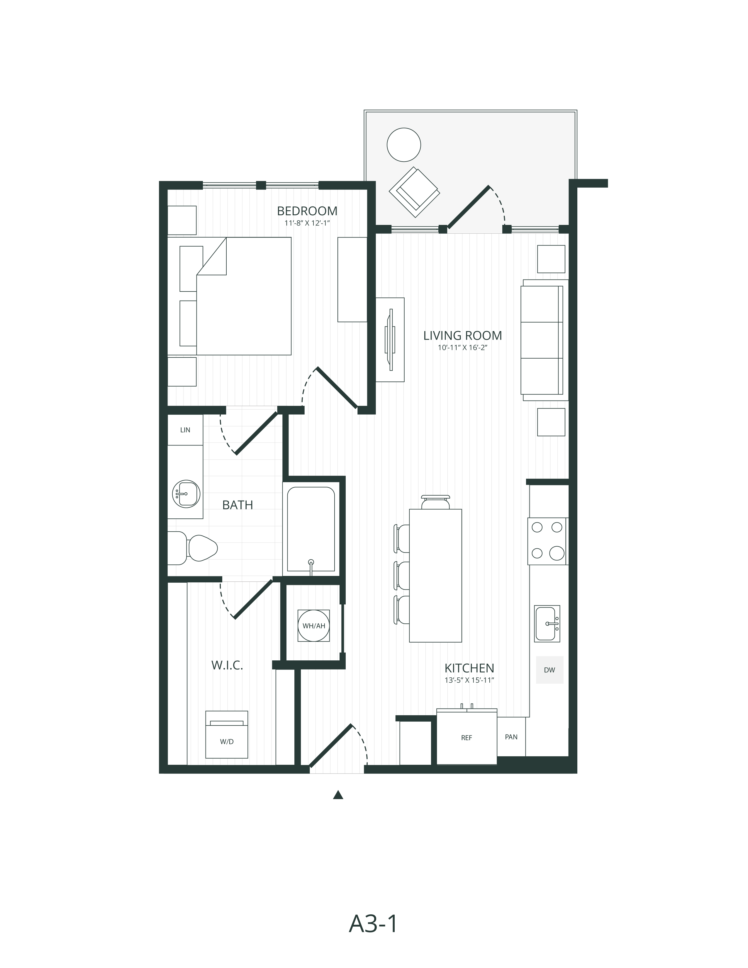 Rendering of the A3.1 floor plan with 1 bedroom[s] and 1 bathroom[s] at Embark