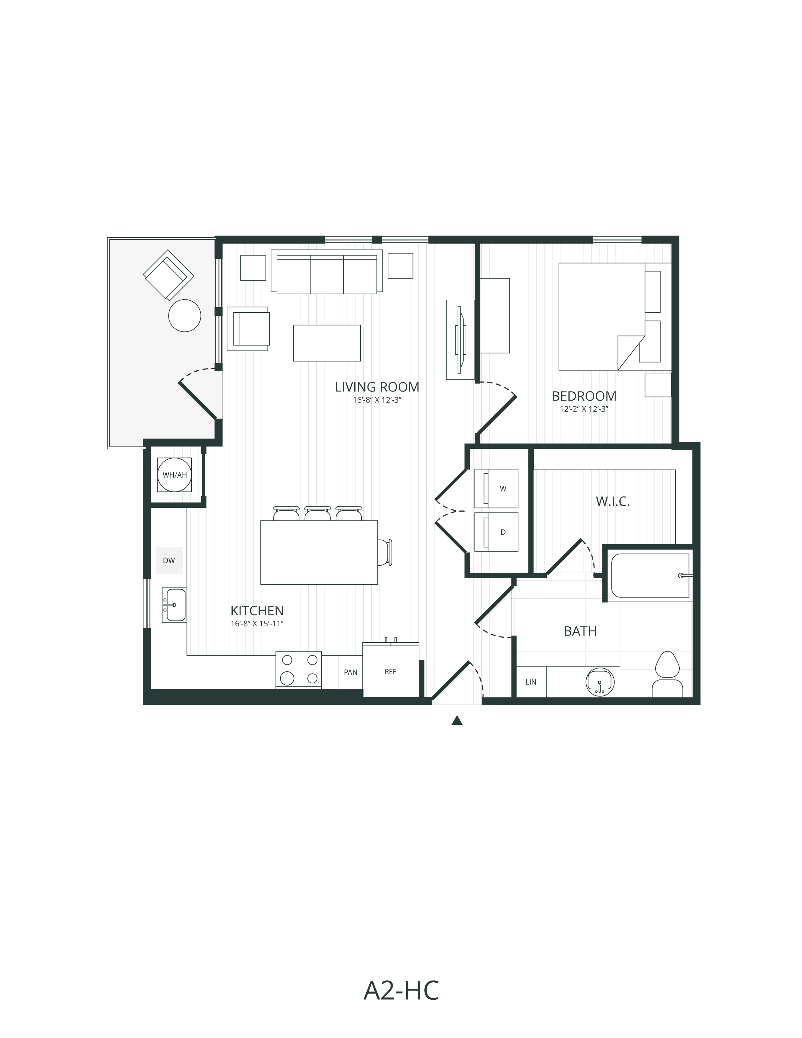 Rendering of the A2-HC floor plan with 1 bedroom[s] and 1 bathroom[s] at Embark