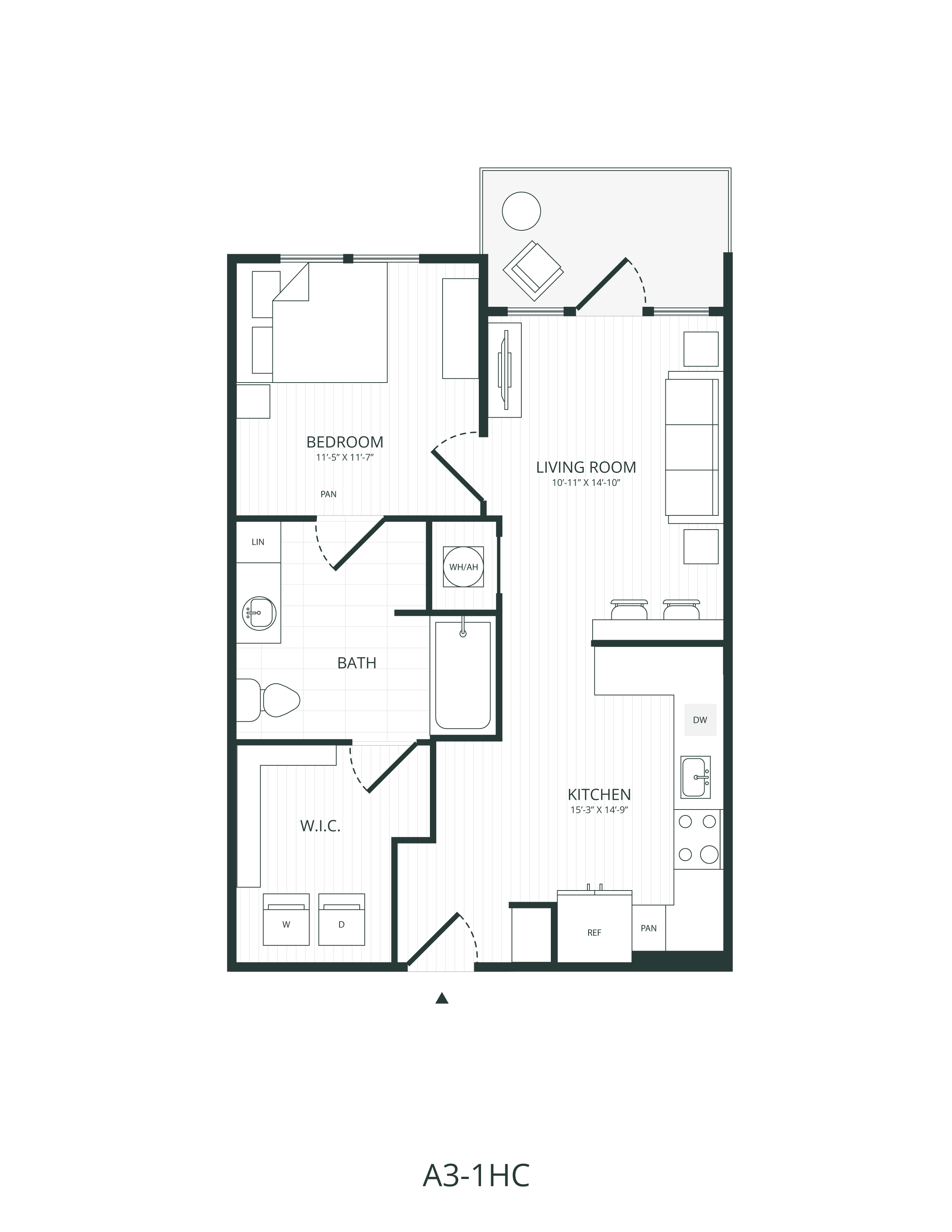 Rendering of the A3.1-HC floor plan with 1 bedroom[s] and 1 bathroom[s] at Embark