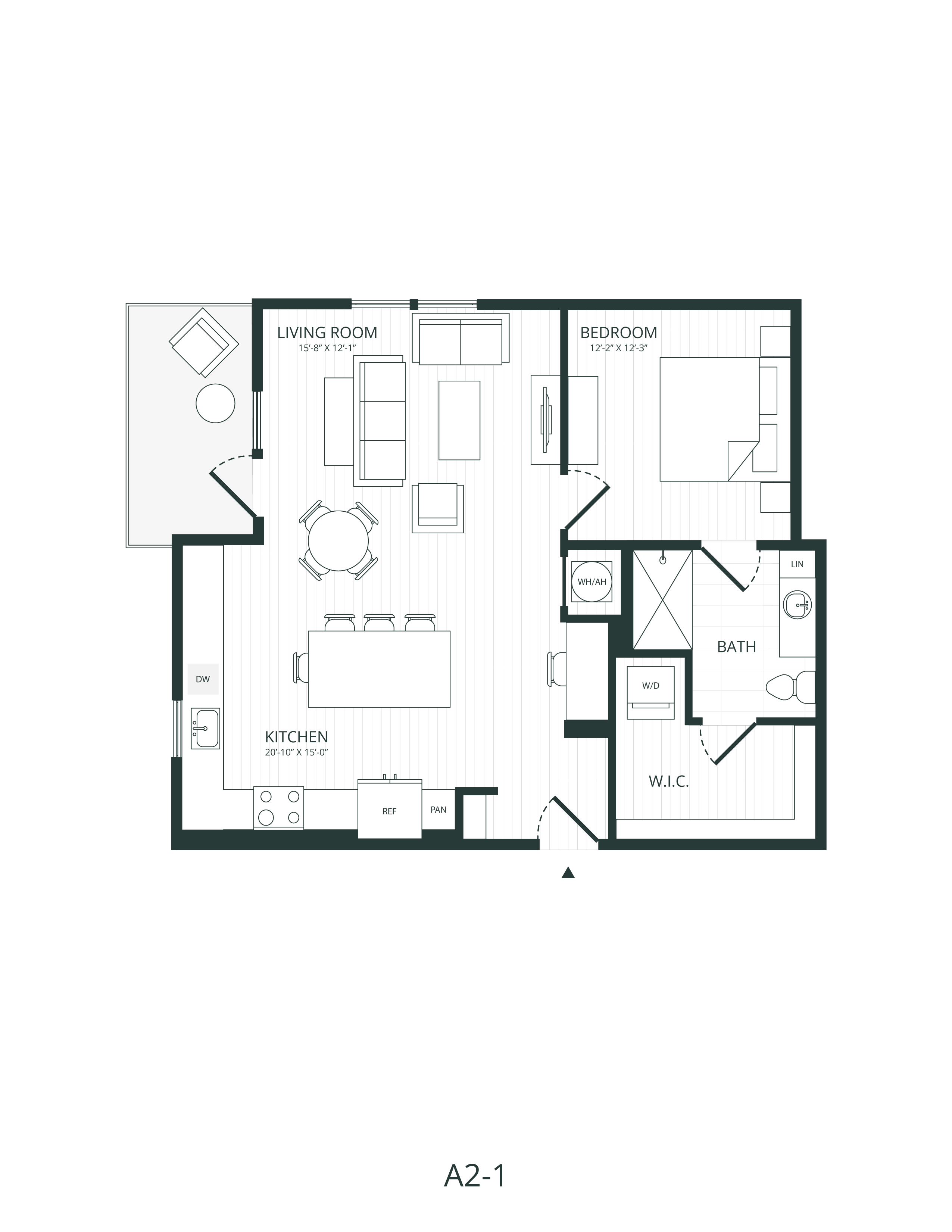 Rendering of the A2.1 floor plan with 1 bedroom[s] and 1 bathroom[s] at Embark