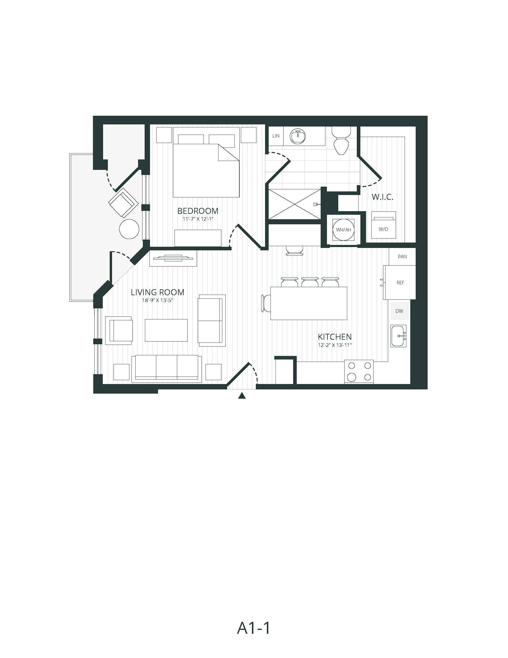 Rendering of the A1.1 floor plan with 1 bedroom[s] and 1 bathroom[s] at Embark