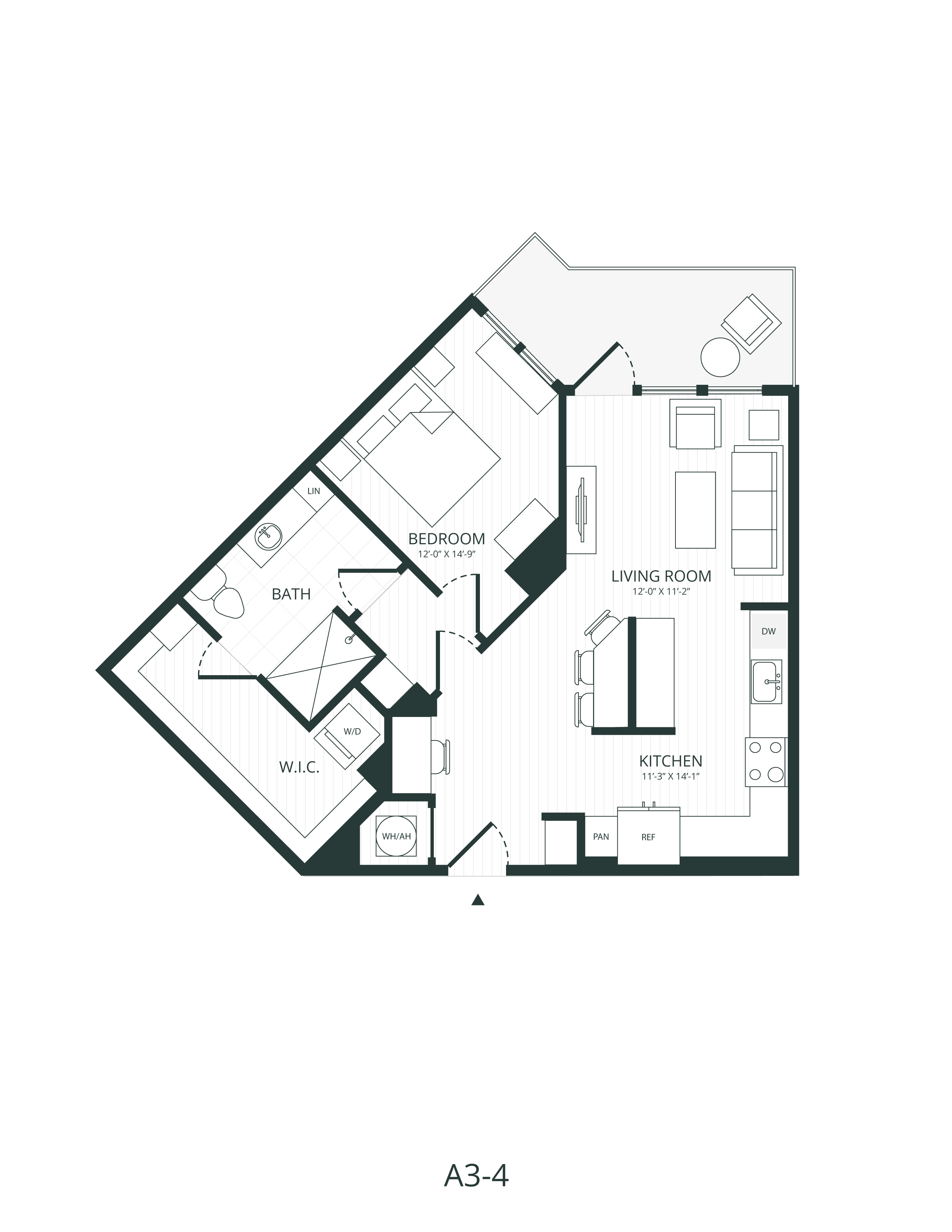 Rendering of the A3.4 floor plan with 1 bedroom[s] and 1 bathroom[s] at Embark