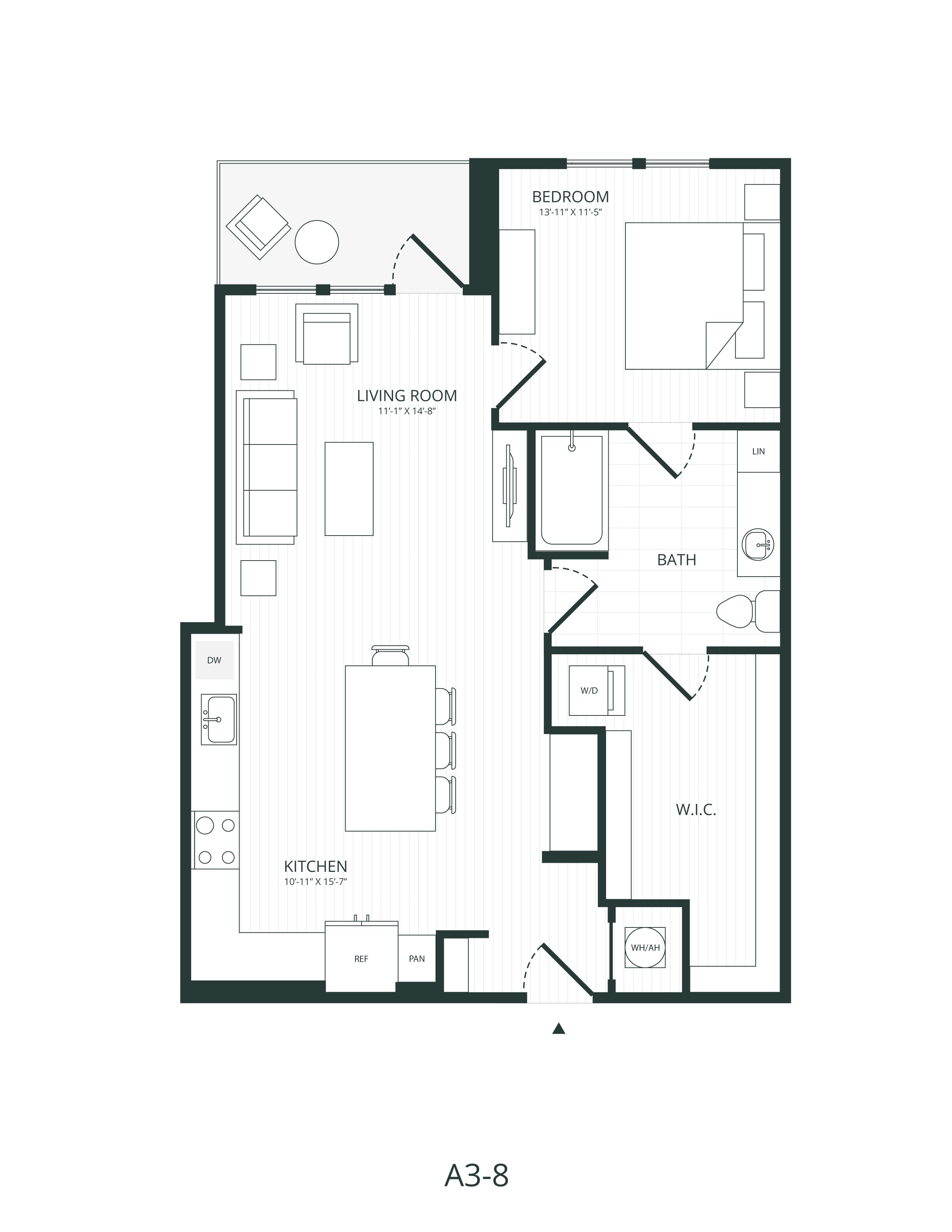 Rendering of the A3.8 floor plan with 1 bedroom[s] and 1 bathroom[s] at Embark