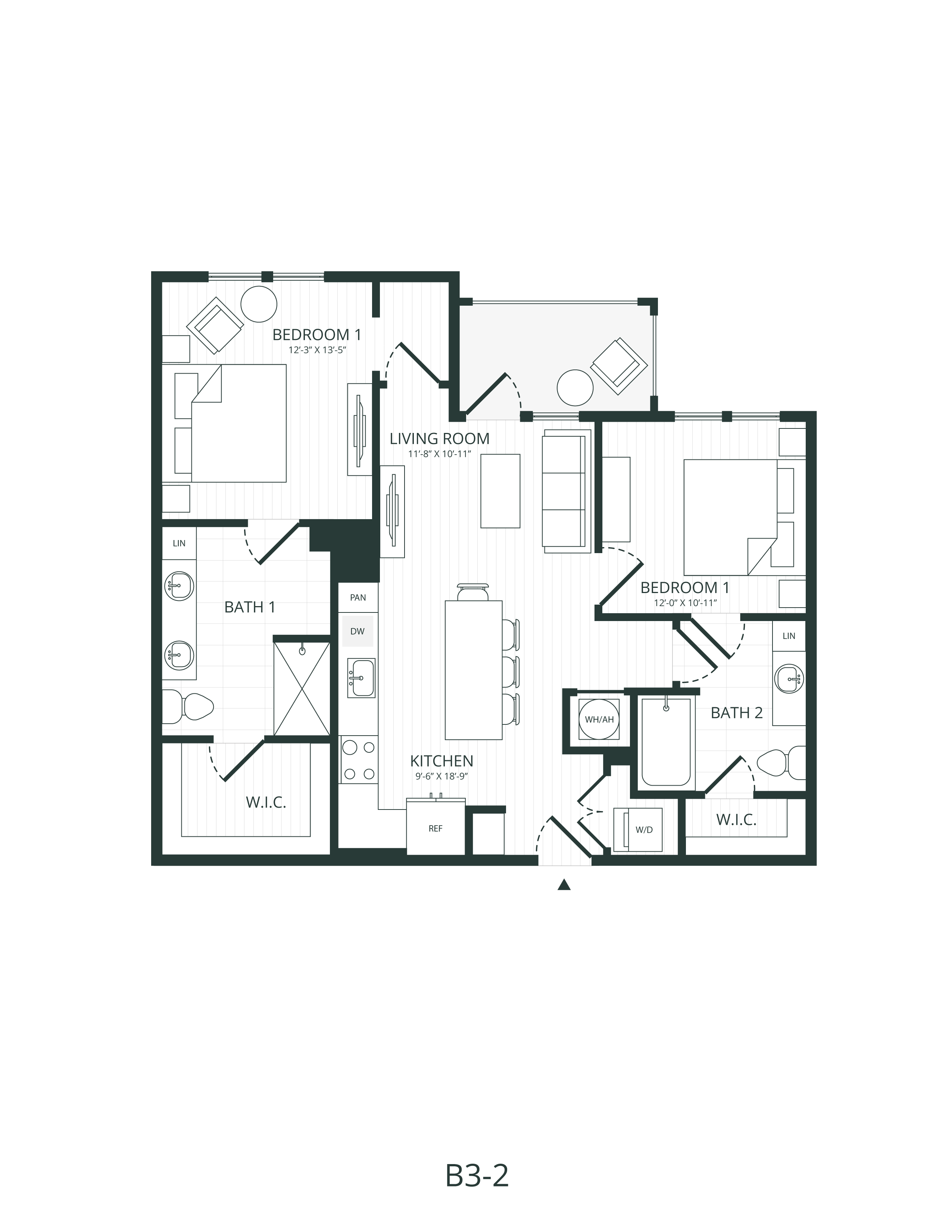 Rendering of the B3.2 floor plan with 2 bedroom[s] and 2 bathroom[s] at Embark