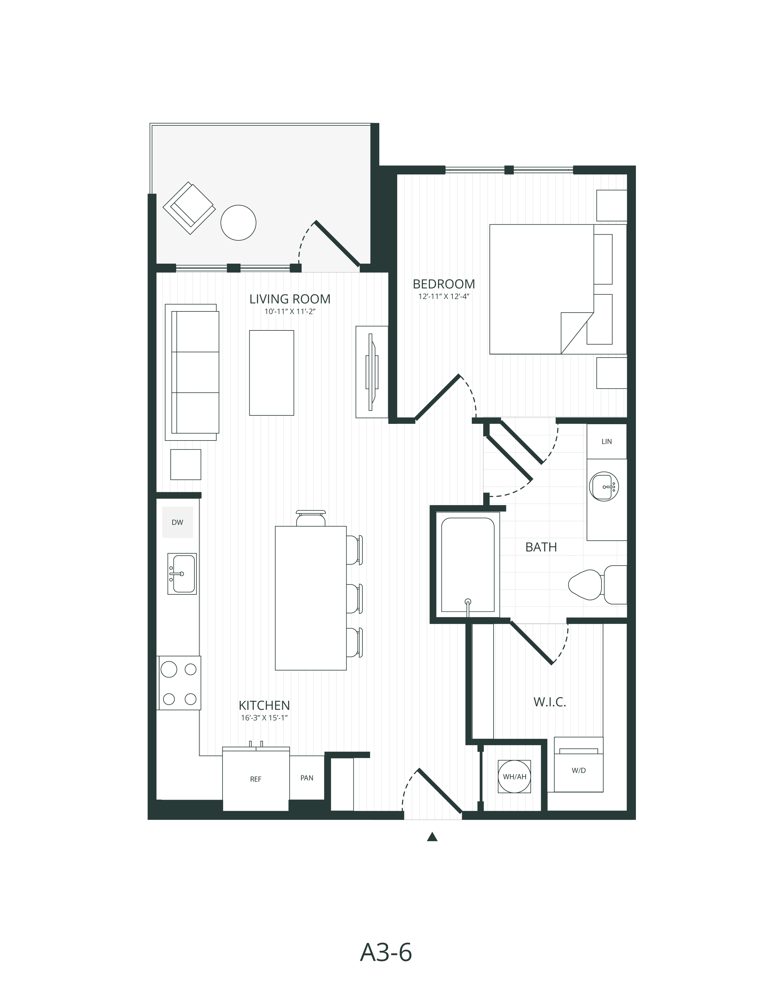 Rendering of the A3.6 floor plan with 1 bedroom[s] and 1 bathroom[s] at Embark
