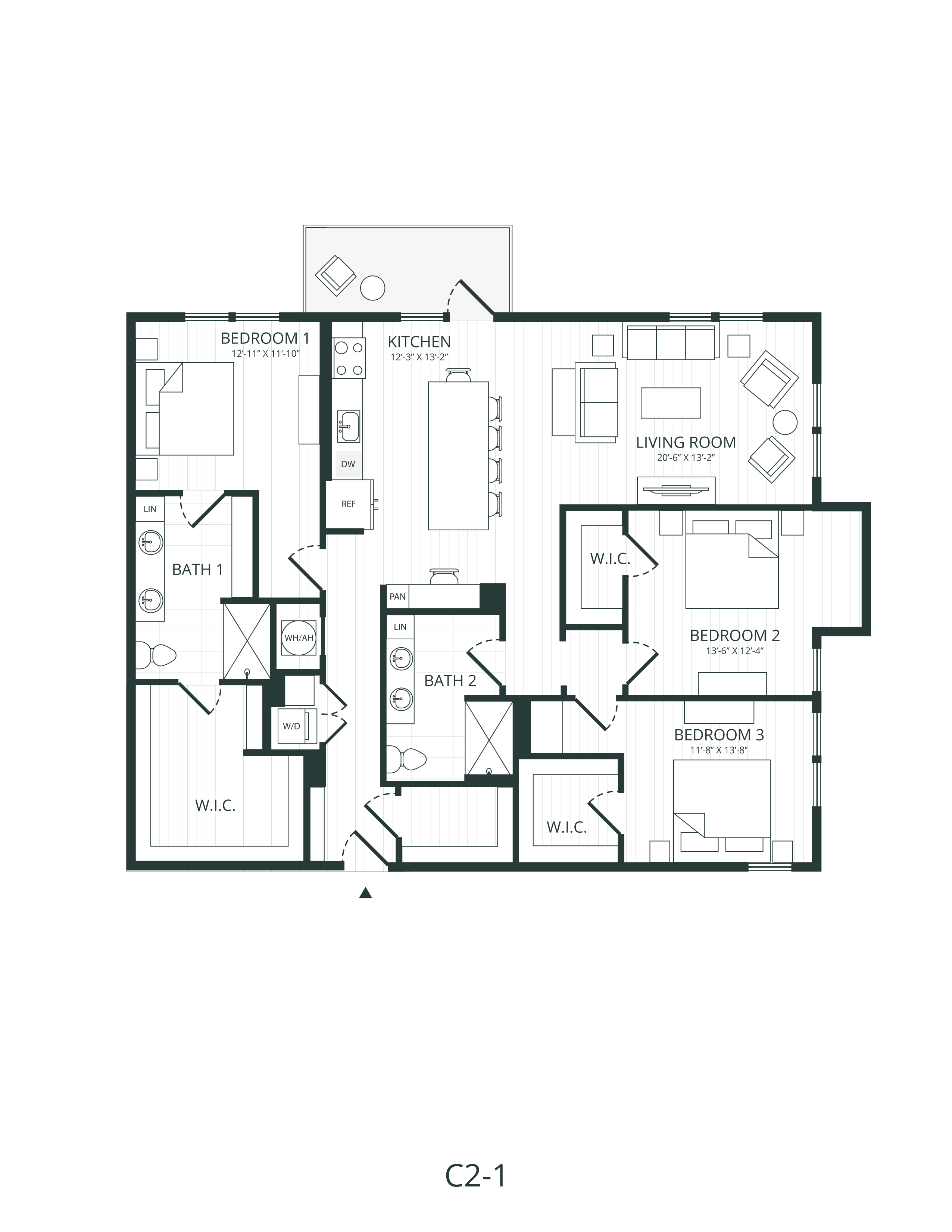 Rendering of the C2.1 floor plan with 3 bedroom[s] and 2 bathroom[s] at Embark