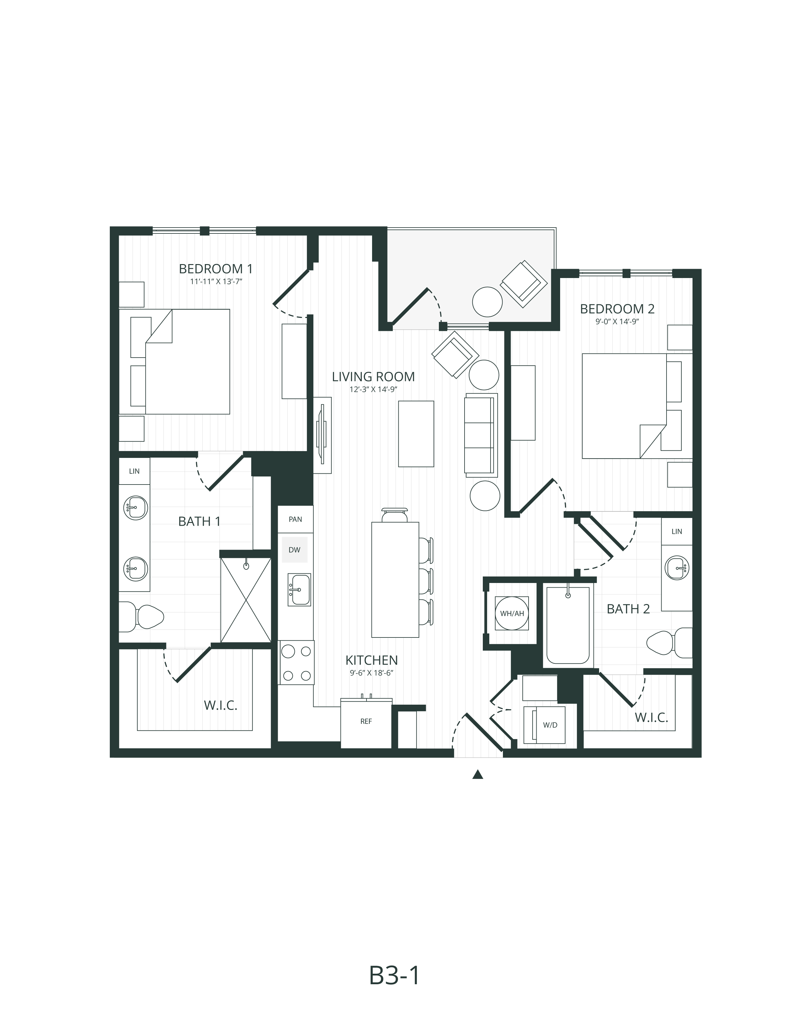 Rendering of the B3.1 floor plan with 2 bedroom[s] and 2 bathroom[s] at Embark