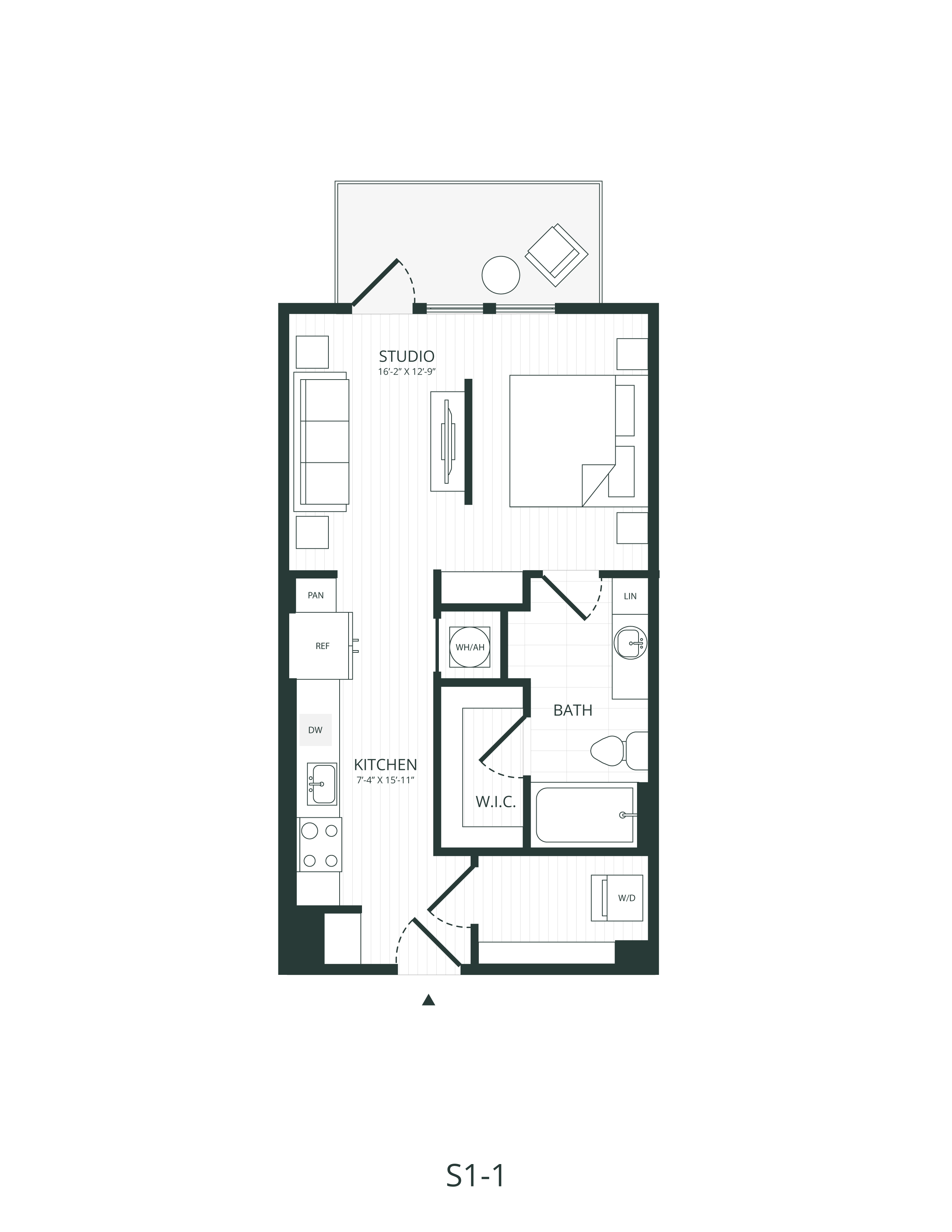 Rendering of the S1.1 floor plan with a Studio bedroom and 1 bathroom[s] at Embark