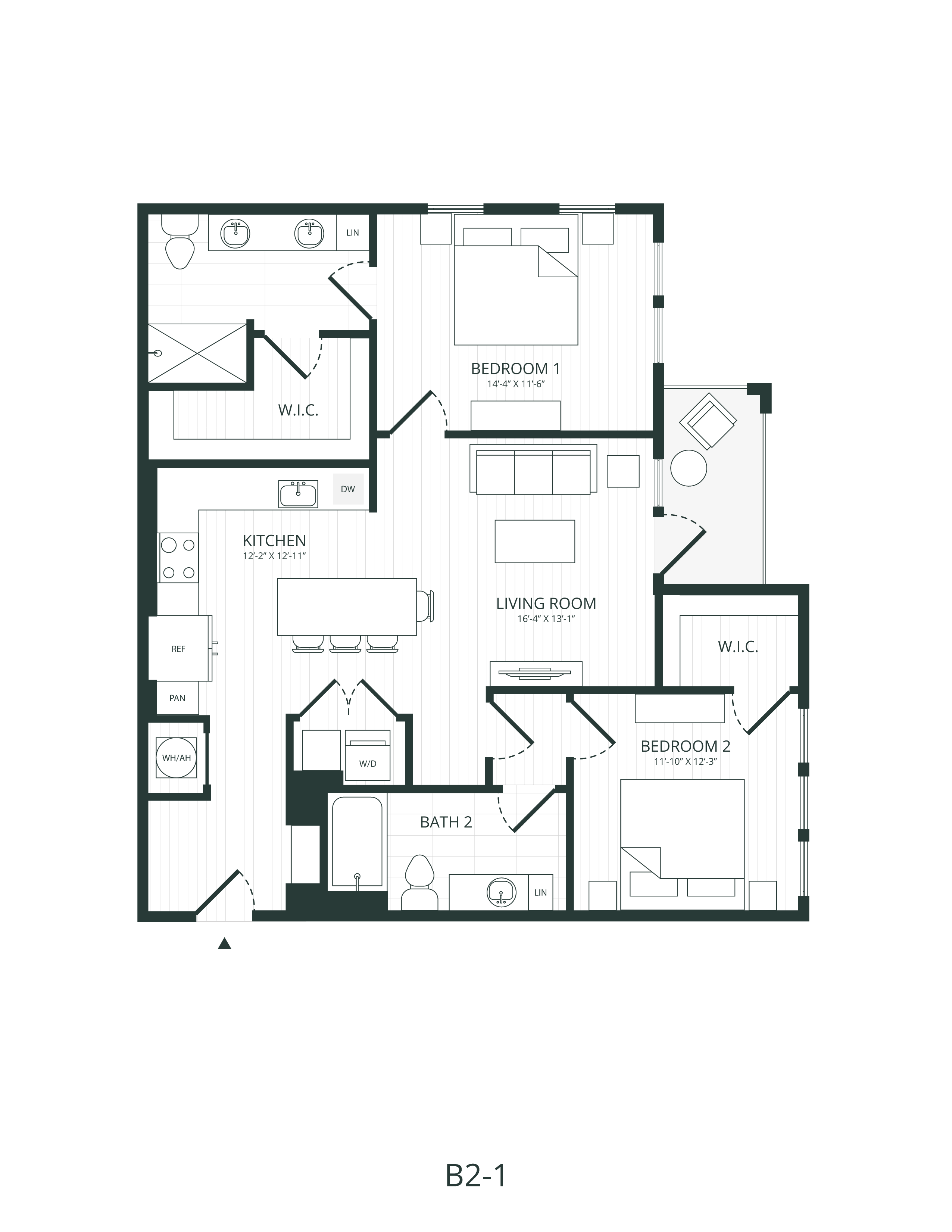 Rendering of the B2.1 floor plan with 2 bedroom[s] and 2 bathroom[s] at Embark