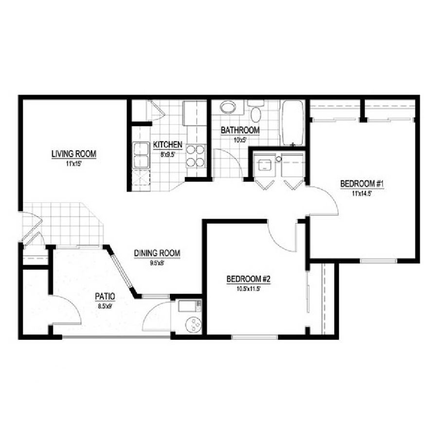 2 Bedroom 1 Bath floor plan