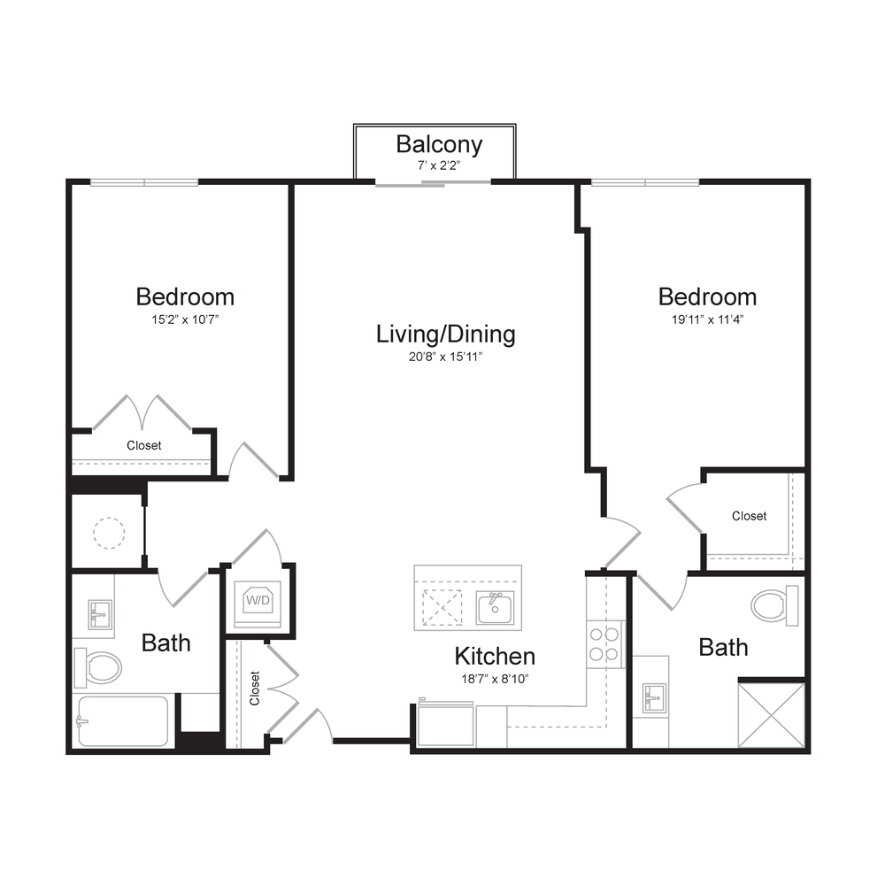 Two Bedroom/Two Bath (2D-A) Balcony floor plan
