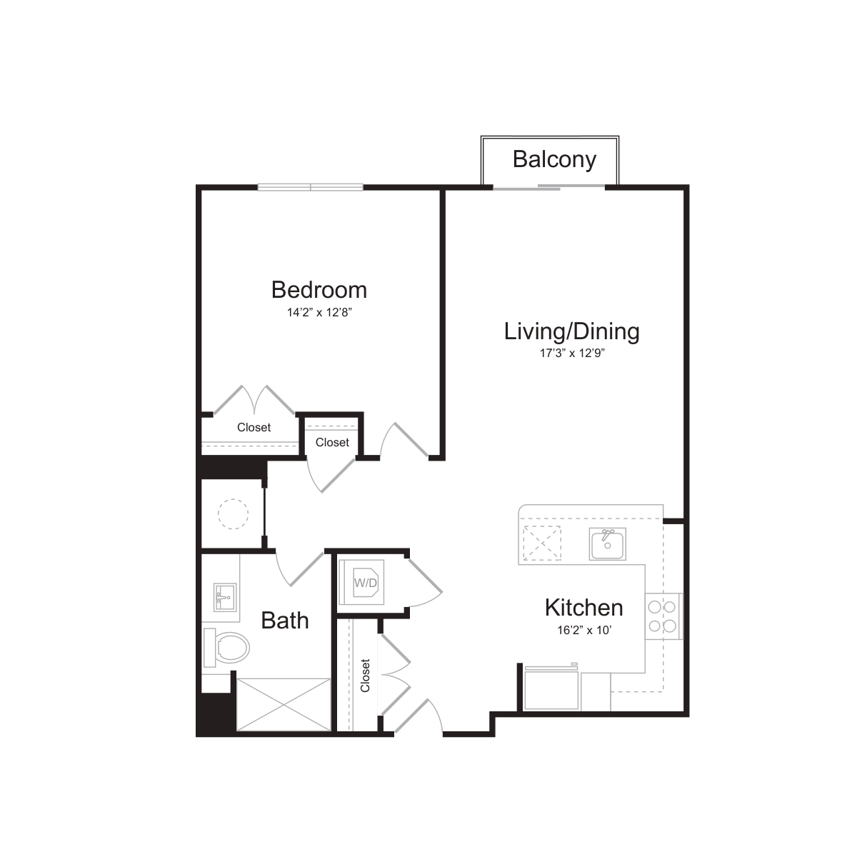 One Bedroom/One Bath (1W-A) Balcony floor plan