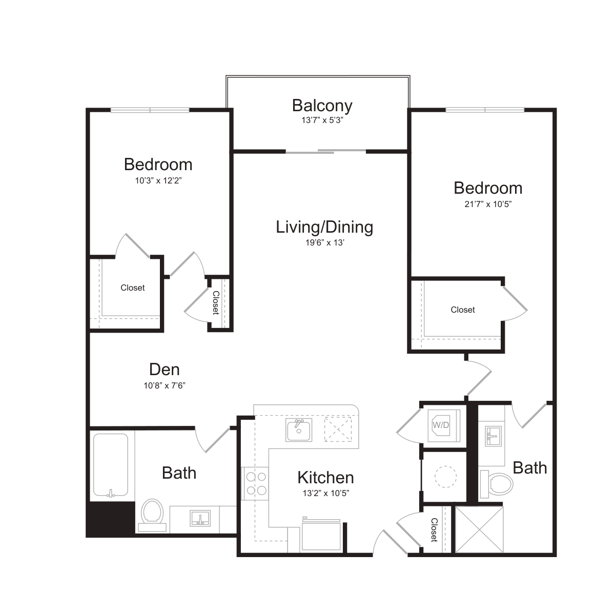 Two Bedroom/Two Bath (2Ms-A) Den and Balcony floor plan