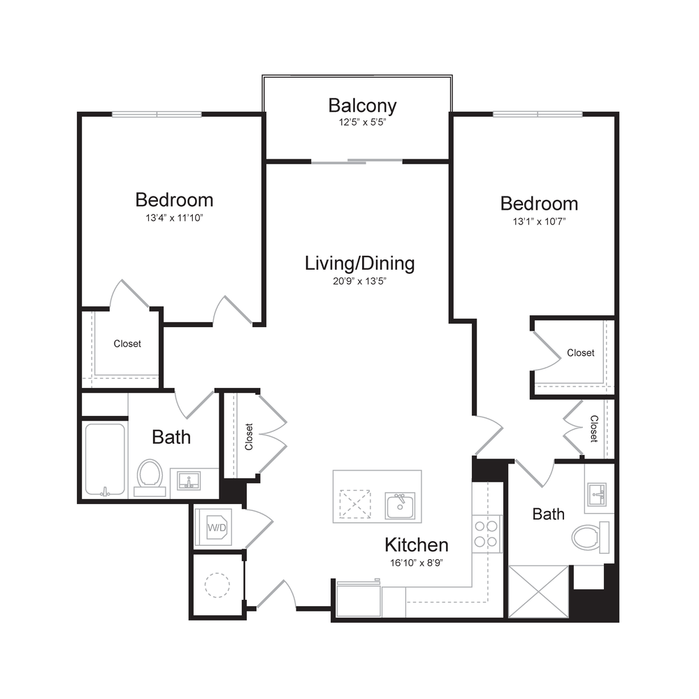 Two Bedroom/Two Bath (2B-A) Balcony floor plan