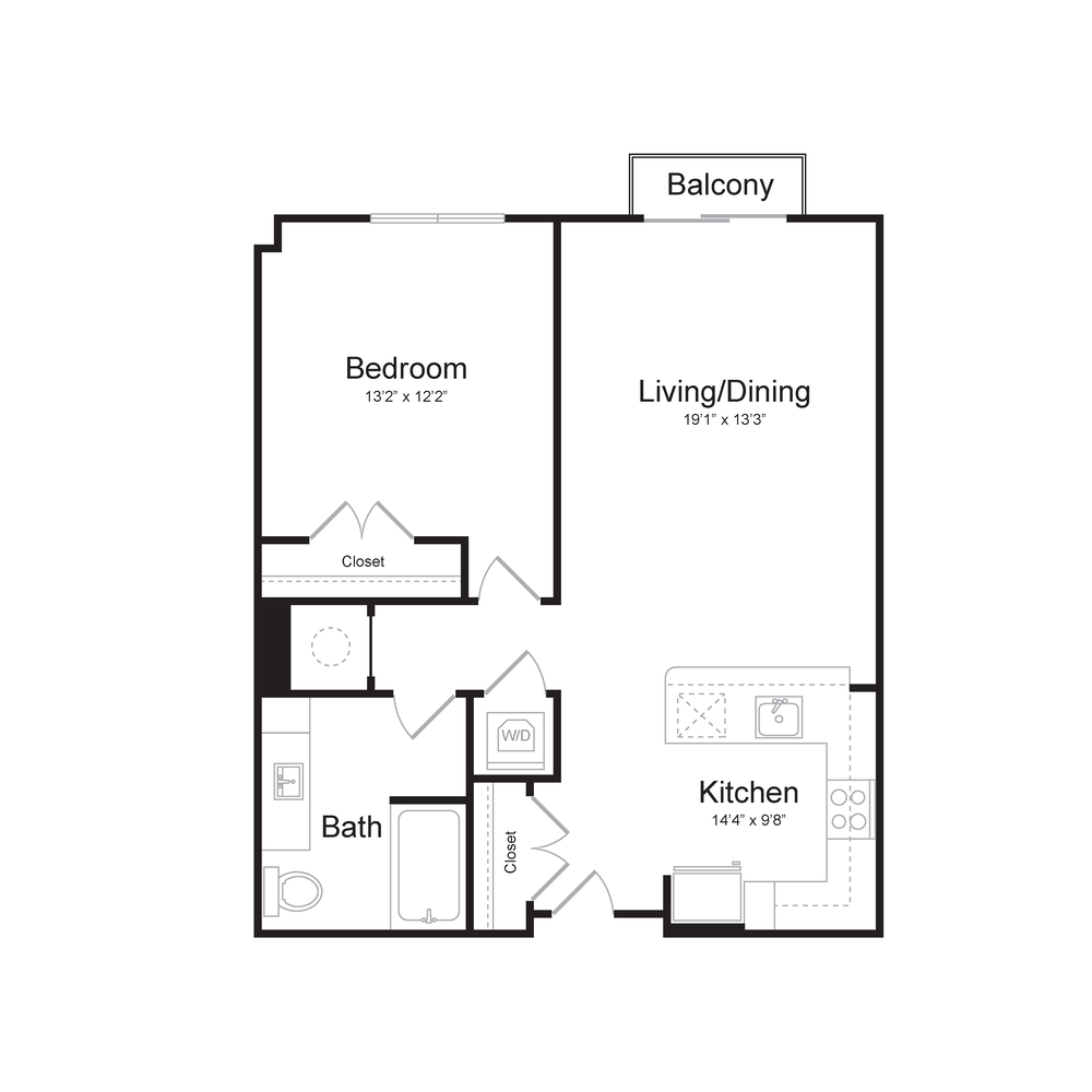 One Bedroom/One Bath (1A-A) Balcony floor plan