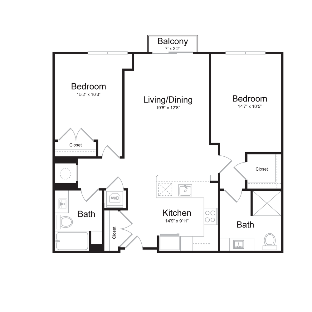 Two Bedroom/Two Bath (2A-A) Balcony floor plan